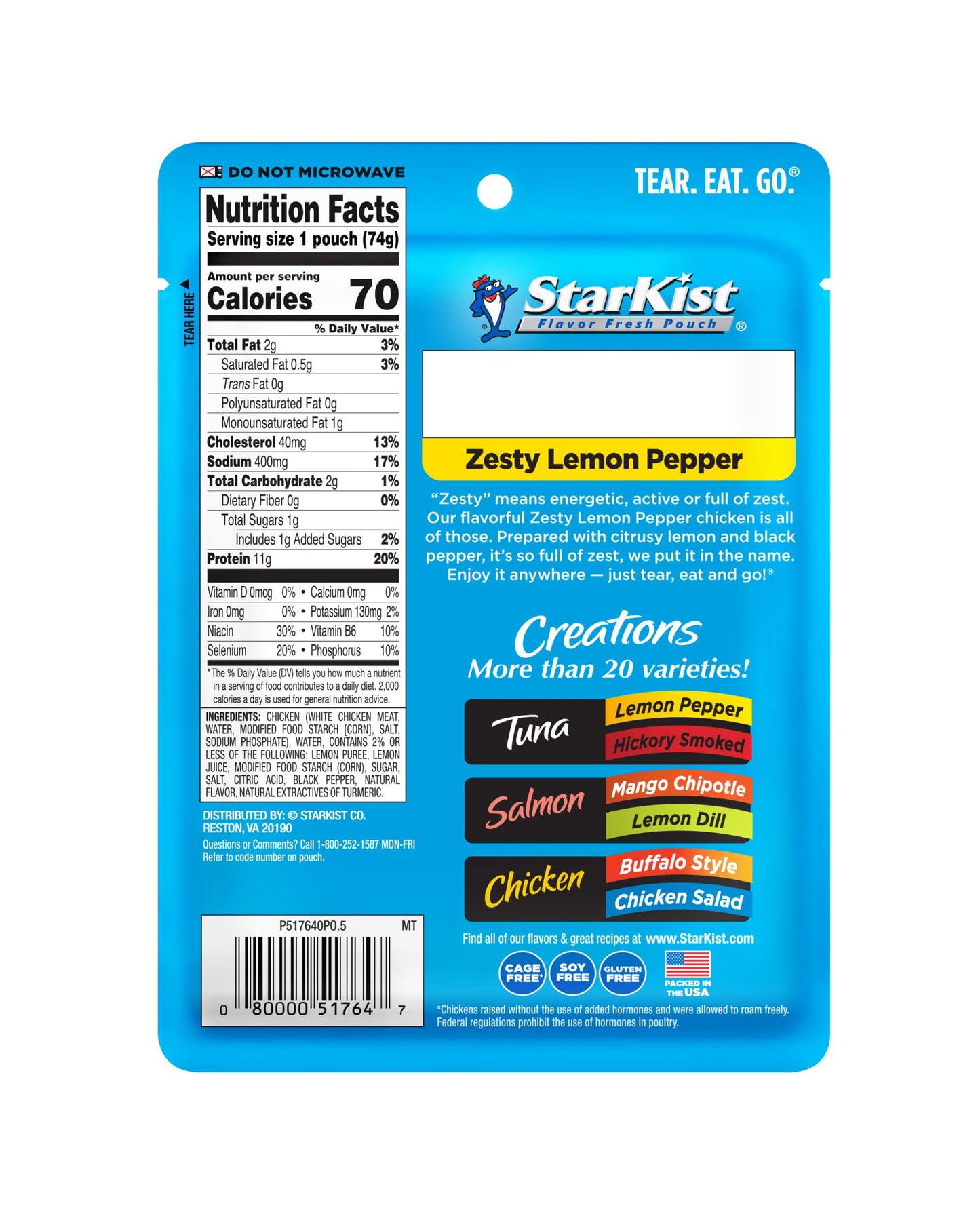 Starkist Chicken Creation Zesty Lemon Pepper - 2.6 Oz Pouch (Pack Of 12)