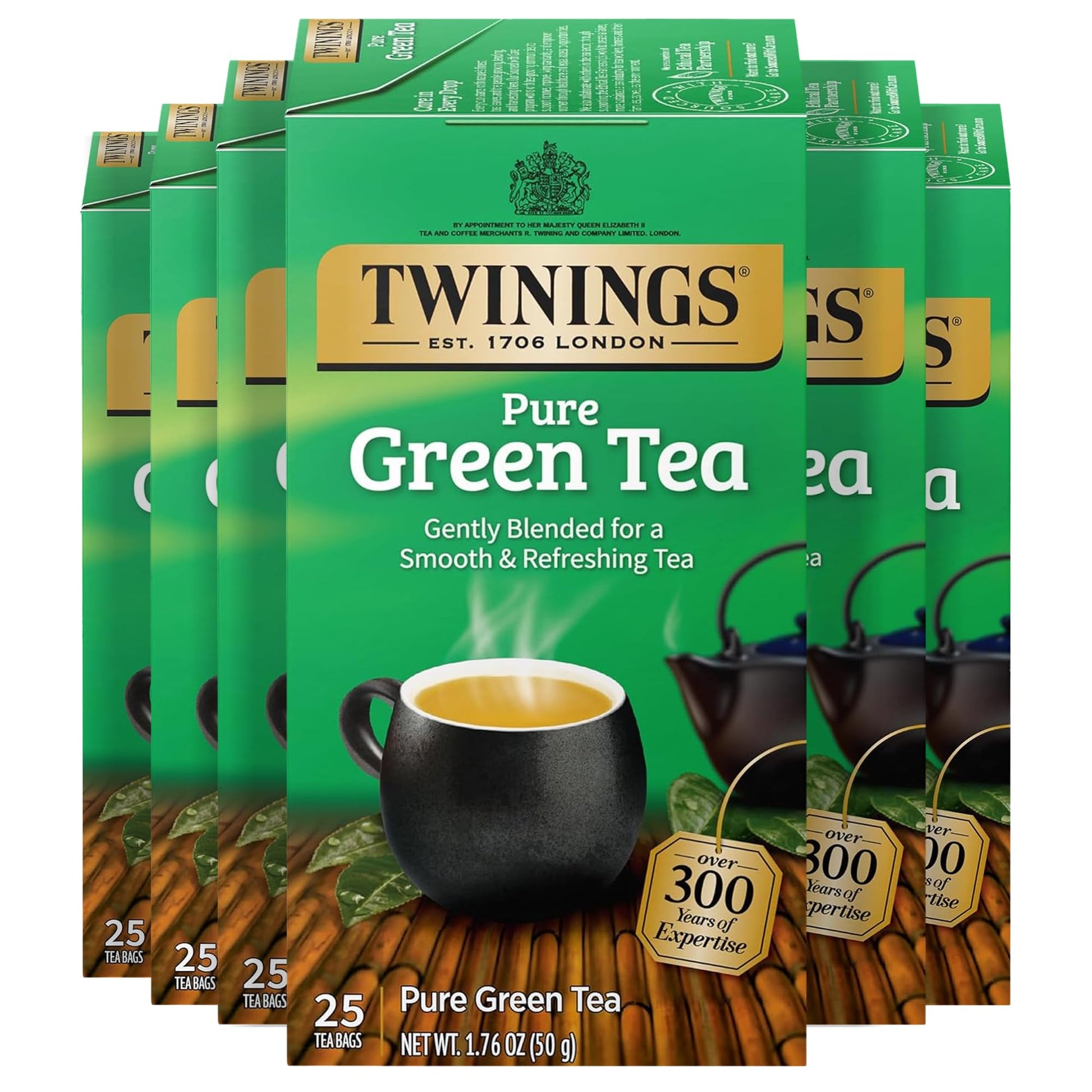 Twinings Pure Green Tea Individually Wrapped Bags, 25 Count (Pack of 6), Smooth Flavour, Enticing Aroma, Caffeinated, Enjoy Hot 