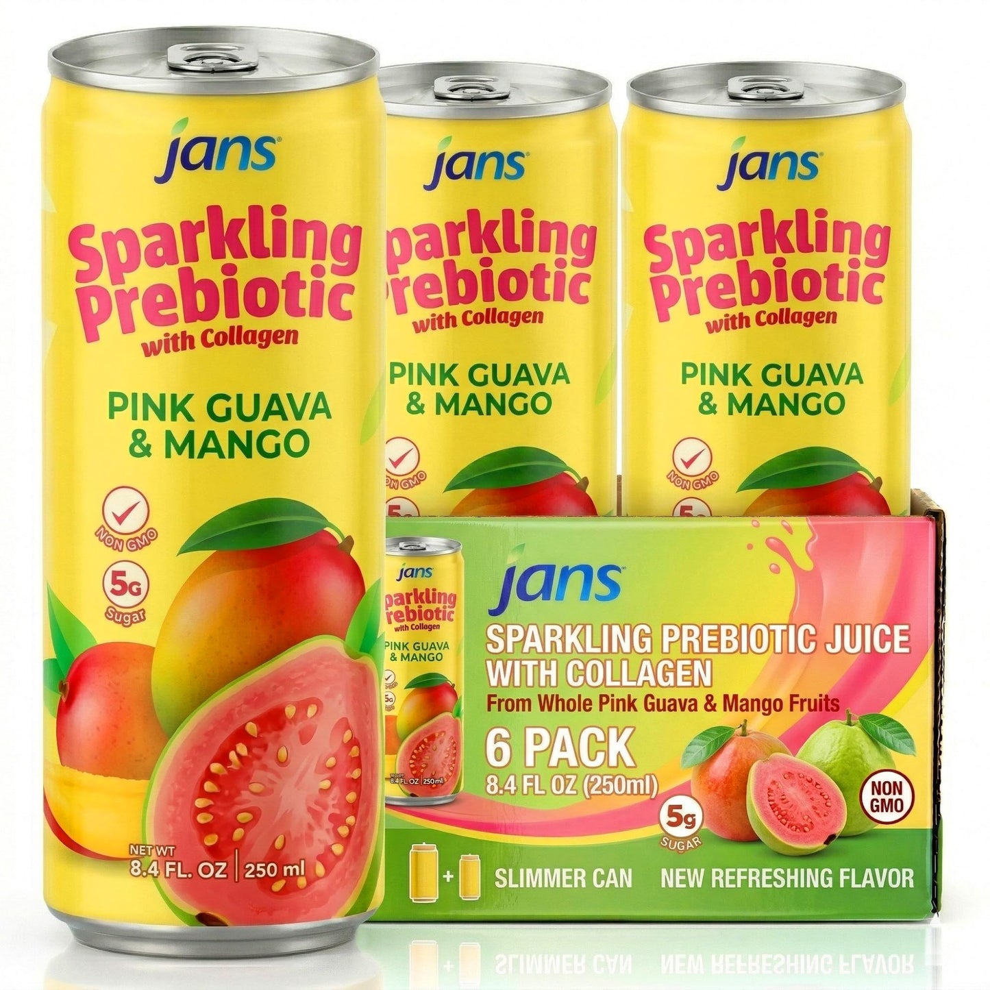 Jans Sparkling Prebiotic with Collagen Soda Beverage - Pink Guava & Mango 8.4 Fl Oz (6-Pack) - Low Calorie, NO Added Sugar, Non-