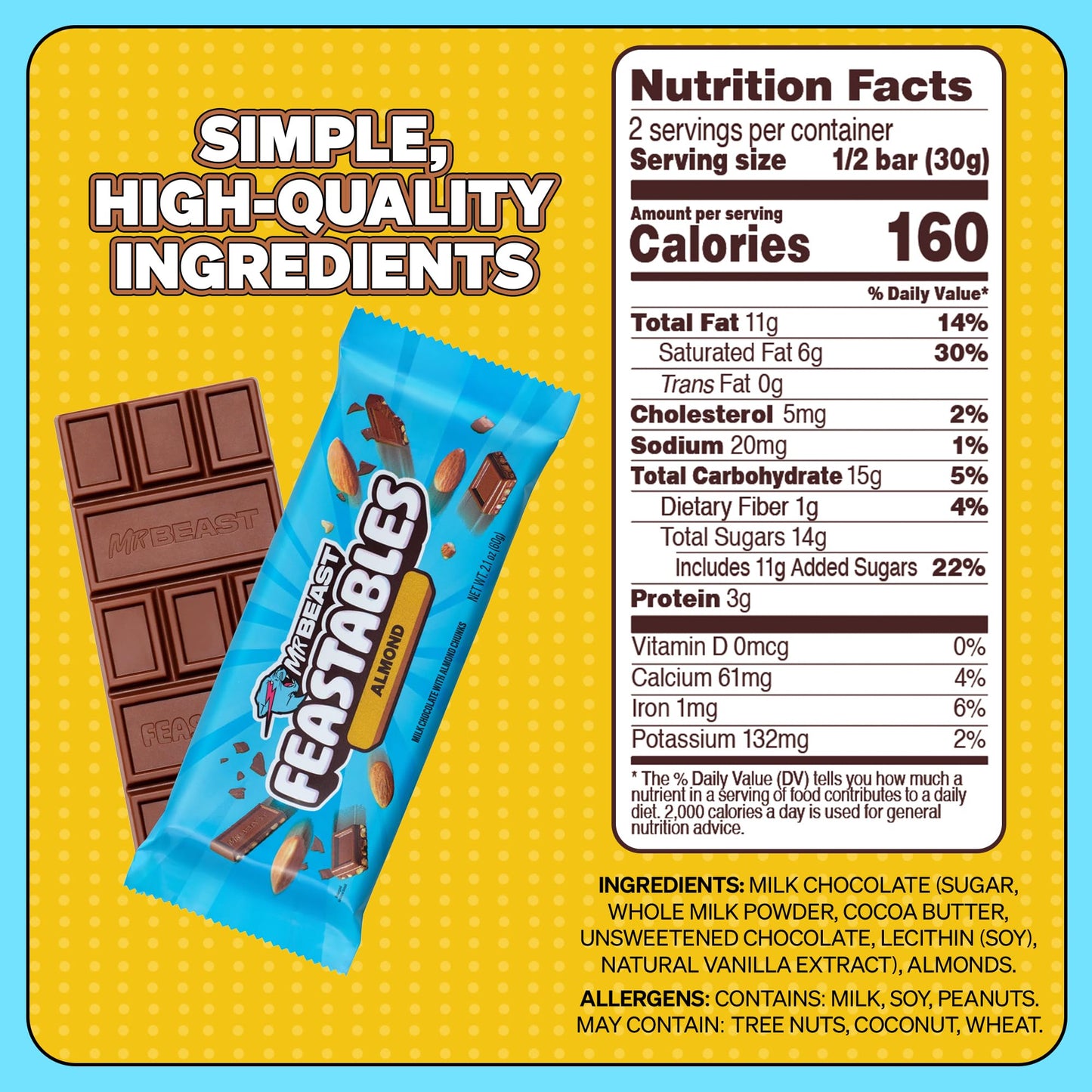 Feastables Almond Milk Chocolate King Size Chocolate Bar, 2.1Oz (60G), 10 Count