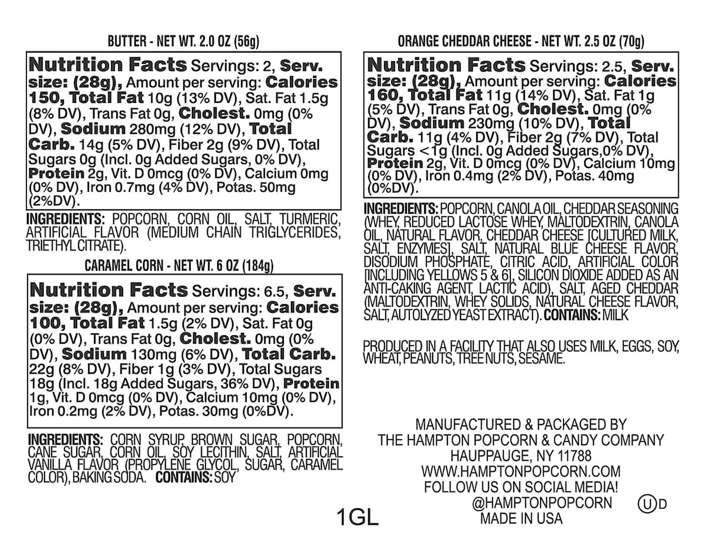3 Flavor  1 Gallon Gourmet Popcorn Tin  Butter  Caramel & Orange Cheddar Cheese  The Hampton Popcorn & Candy Company (10.5 Oz.  1 Gallon Tin)