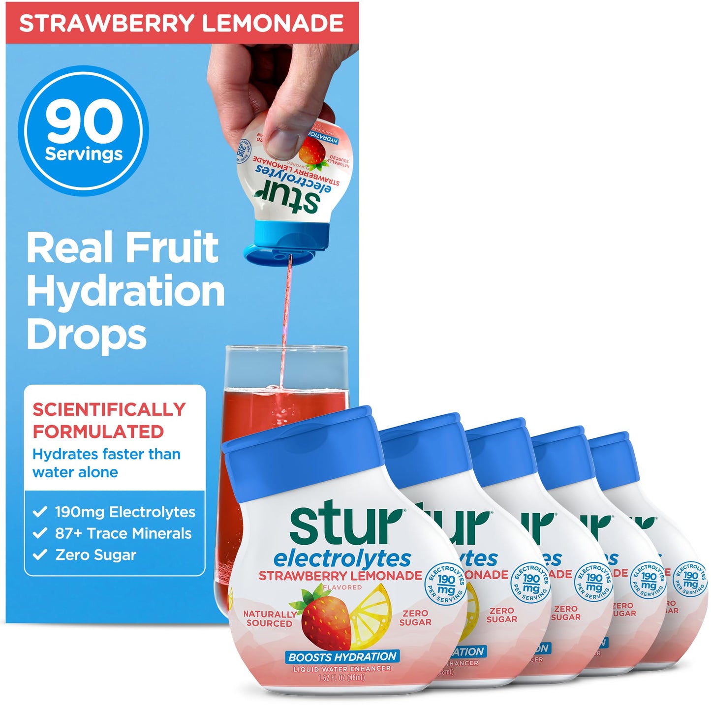 Stur Electrolyte Water Enhancer, Strawberry Lemonade, Sugar Free, Vegan, 1.62 Fl Oz (Pack of 5), Model B0BY9KGXLB