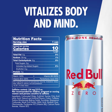 Red Bull Zero Energy Drink, 114mg Caffeine, Taurine & B Vitamins, Zero Sugar, 12 Fl Oz, Pack of 24 Cans