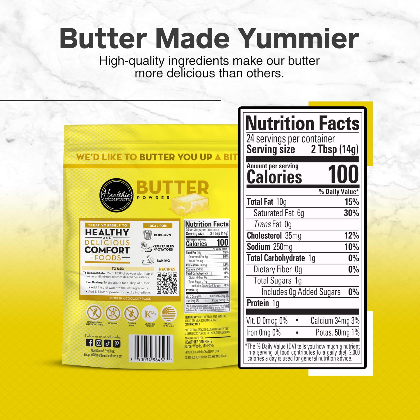 Healthier Comforts Butter Powder | Dehydrated, Shelf Stable Butter | Kosher, Gluten Free, Non-GMO | Popcorn, Baking, Seasoning |