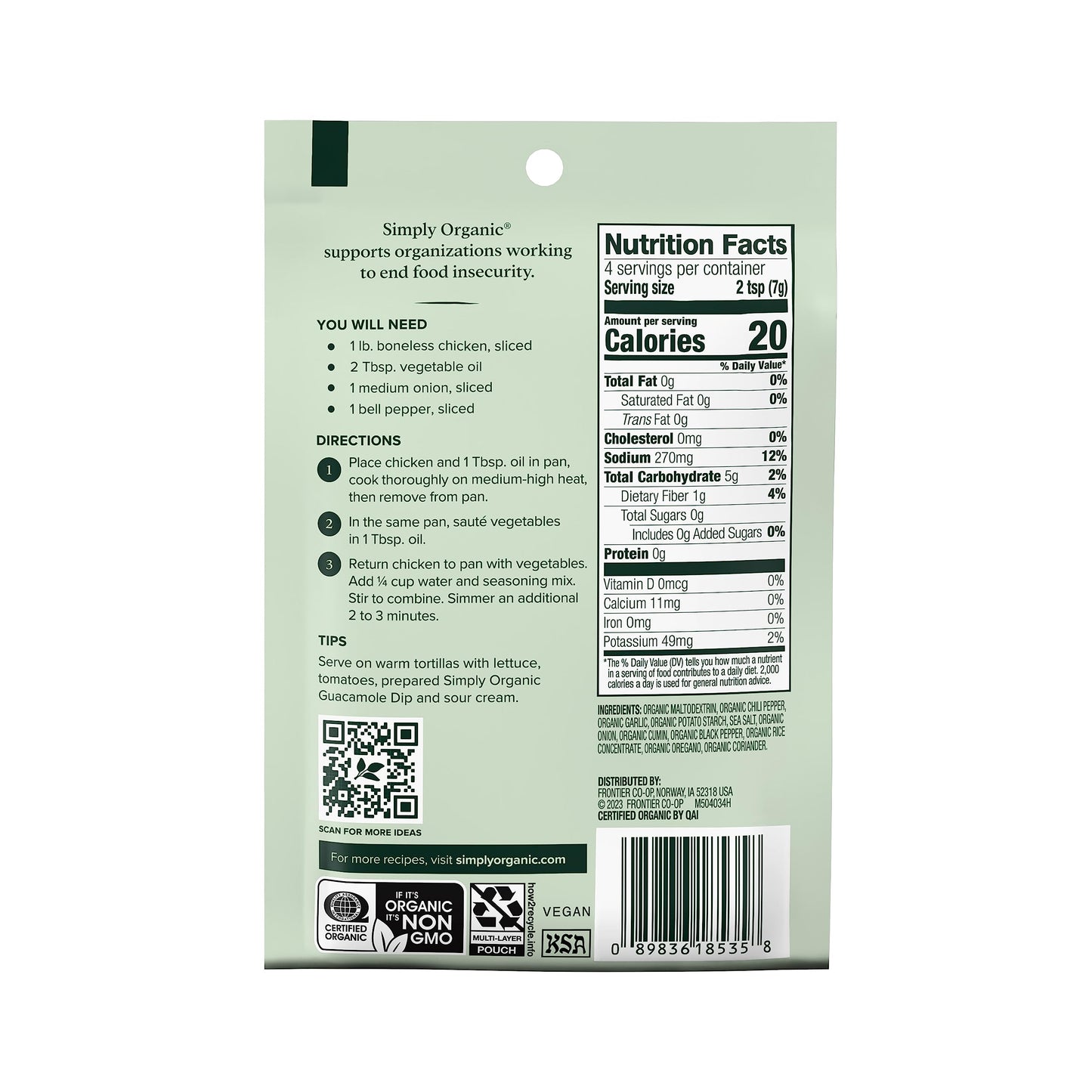 Simply Organic Fajita Seasoning Mix, Chicken Flavor, 1 oz, Pack of 12