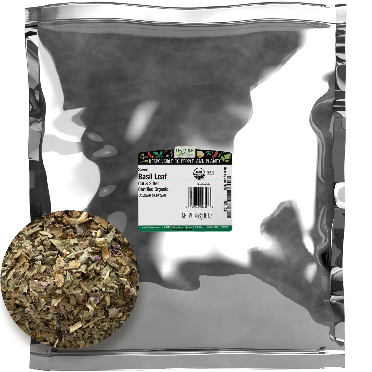 Frontier Co-Op Sweet Basil Leaf, 1-Pound Bulk, Popular On Pizza & Diy Body Care As An Essential Oil, Kosher, Organic