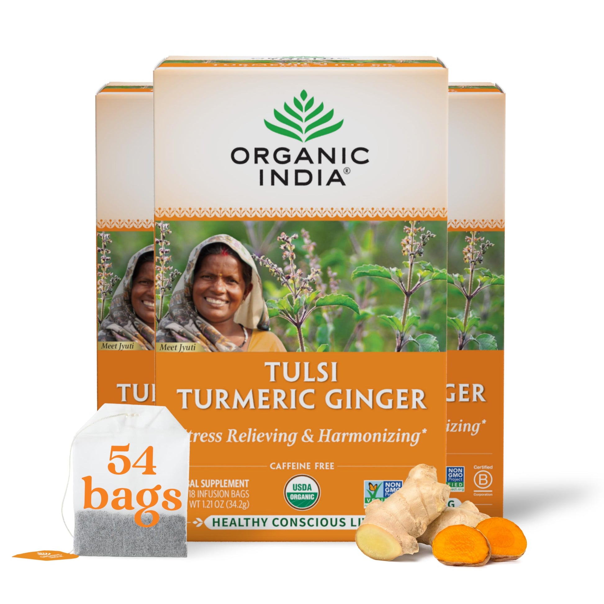 Organic India Tulsi Tumeric Flavor Blendger Herbal Tea - Stress Relieving & Harmonizing  Immune Support  Aids Digestion  Vegan  Energy Blend-Free - 54 Infusion Bags  3 Pack