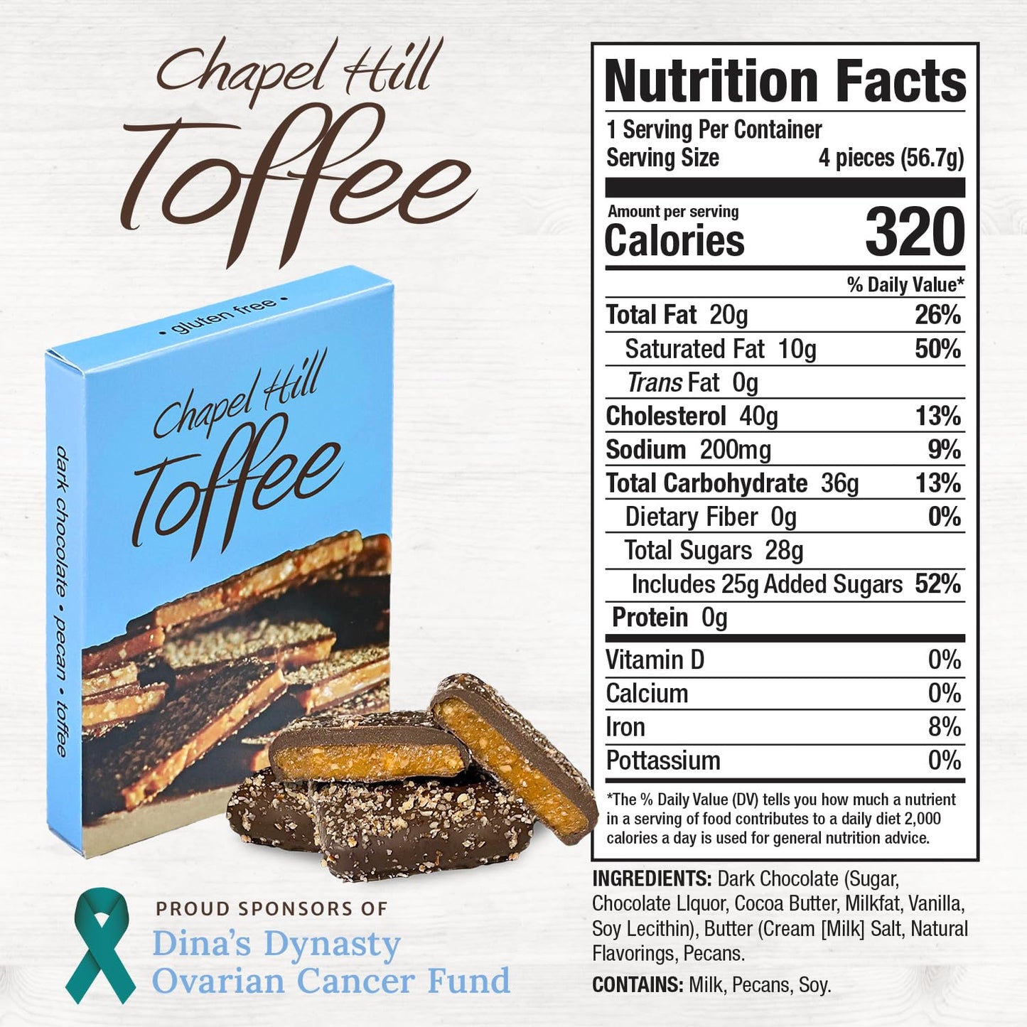 Chapel Hill Pecan and Dark Chocolate Toffee, Natural and Gluten Free, Delicious Toffee Squares (2 Ounces)