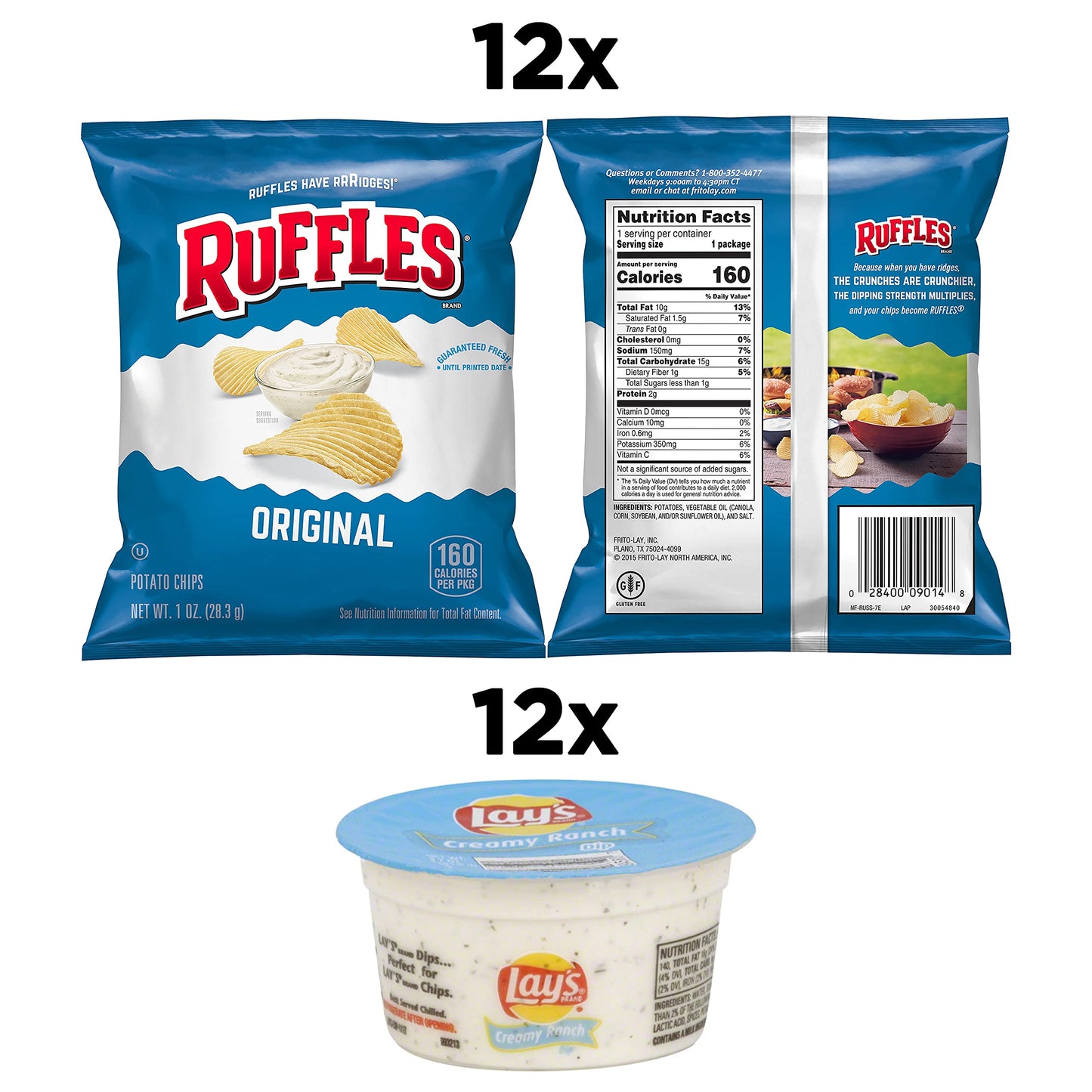 Frito Lay Ruffles Chips and Lays Ranch Dip Cups Variety Pack, (Pack of 24)