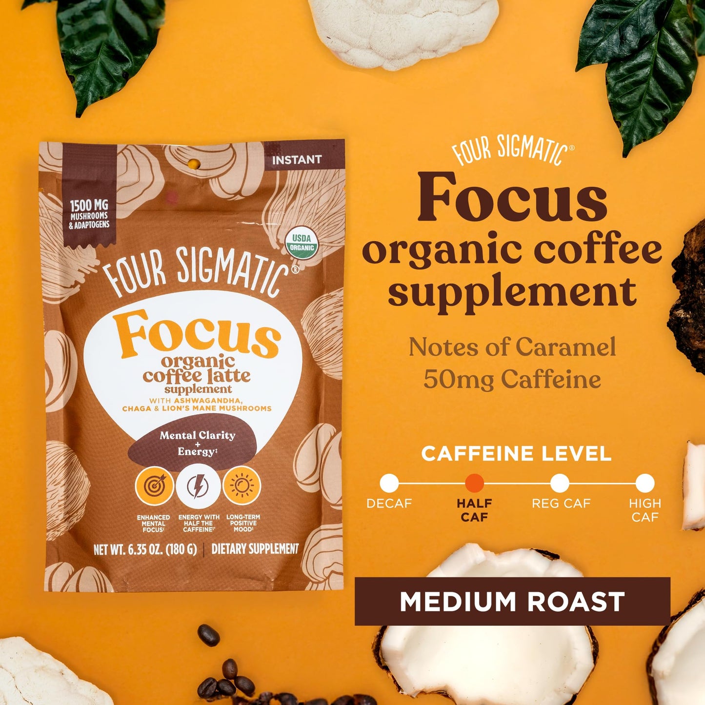 Four Sigmatic Focus Organic Mushroom Coffee Latte, 1500mg Adaptogens, 30 Servings - Energy, Focus & Immune Support, 6.35 Ounce