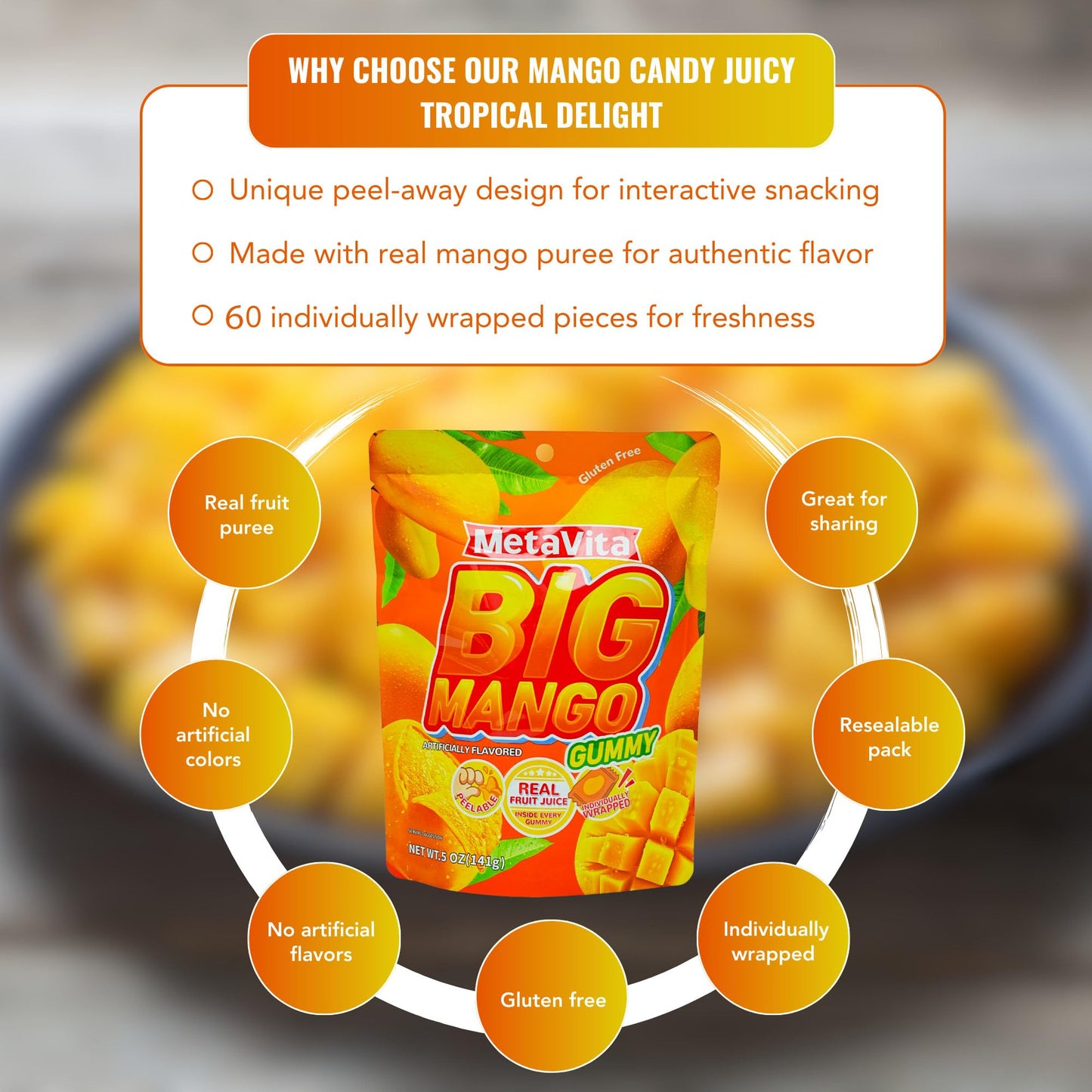 (3 Packs) MetaVita - Big Mango Gummy Candy - Individually Wrapped Peelable Mango Gummies with Real Puree - Chewy, Gluten-Free -