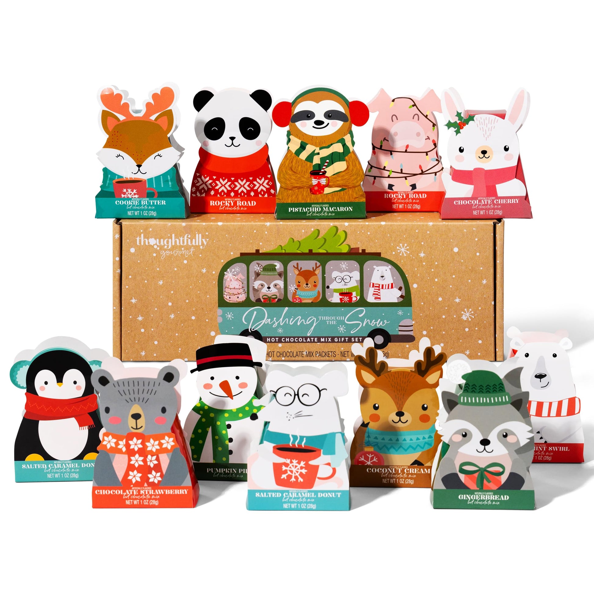 Thoughtfully Gourmet, Hot Chocolate Gift Set In Holiday Character Packaging, Flavors Include Rocky Road, Cookies Butter, Pumpkin