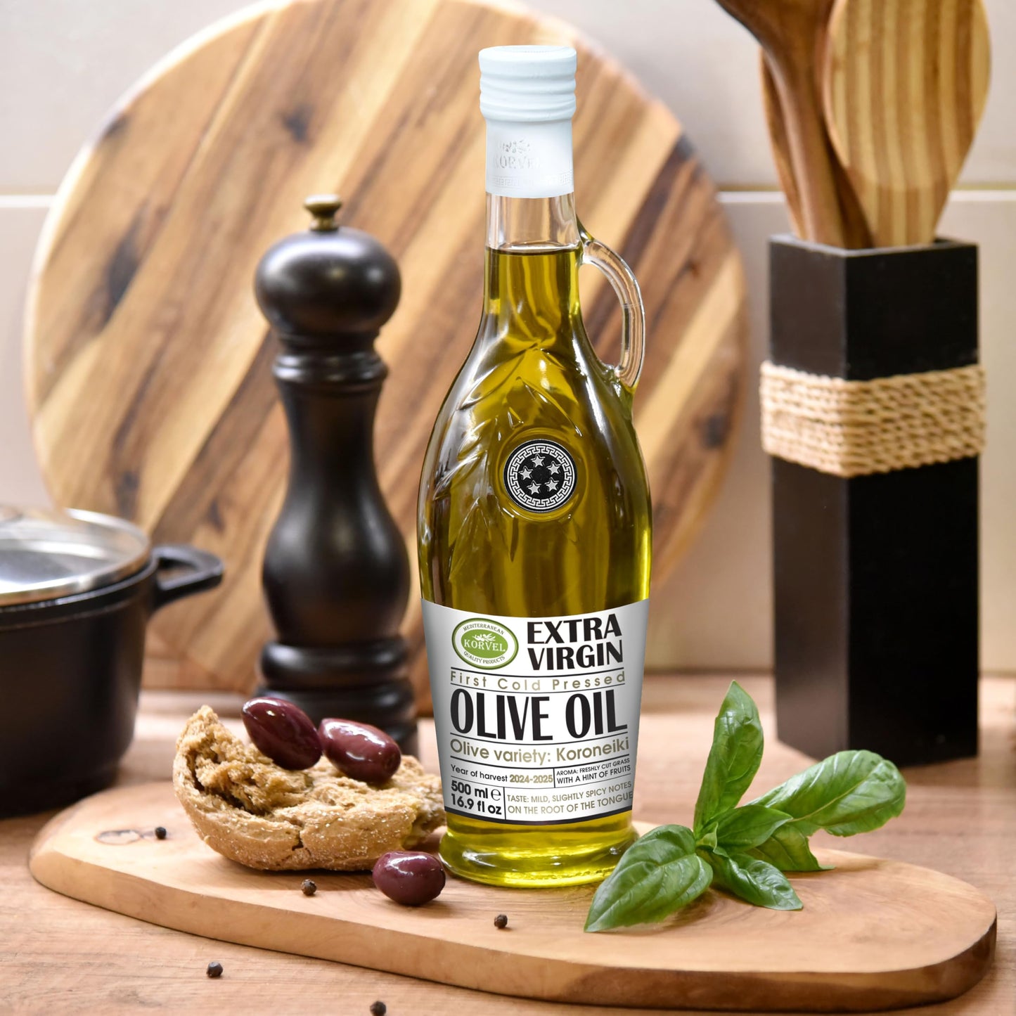 Extra Virgin Olive Oil, KORVEL, glass bottle Amphora 500 ml, 16.9 fl oz