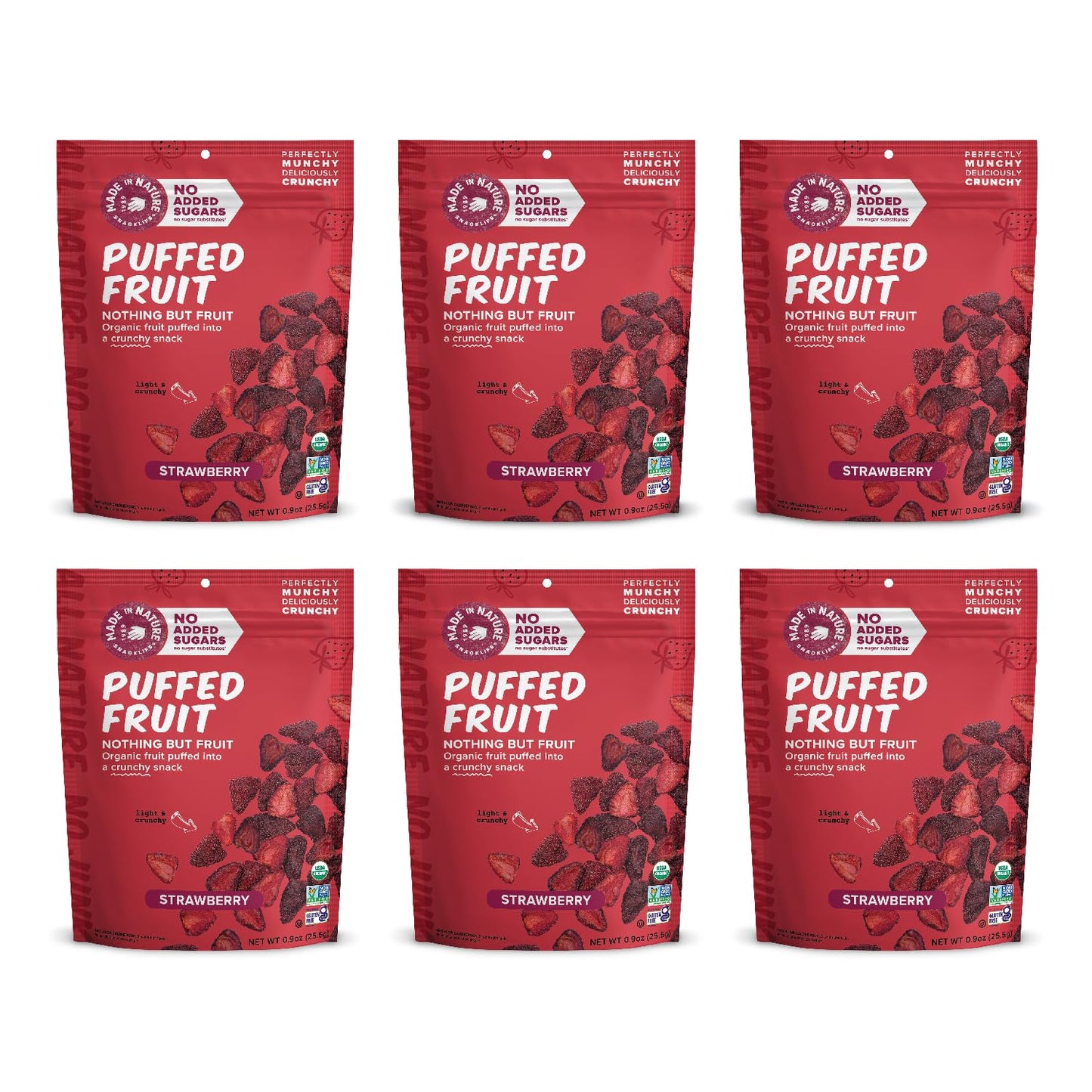 Made In Nature Organic Puffed Fruit, Strawberry, Vegan Snack, Non-GMO, Gluten Free, 0.9 Ounce Bag, Pack of 6