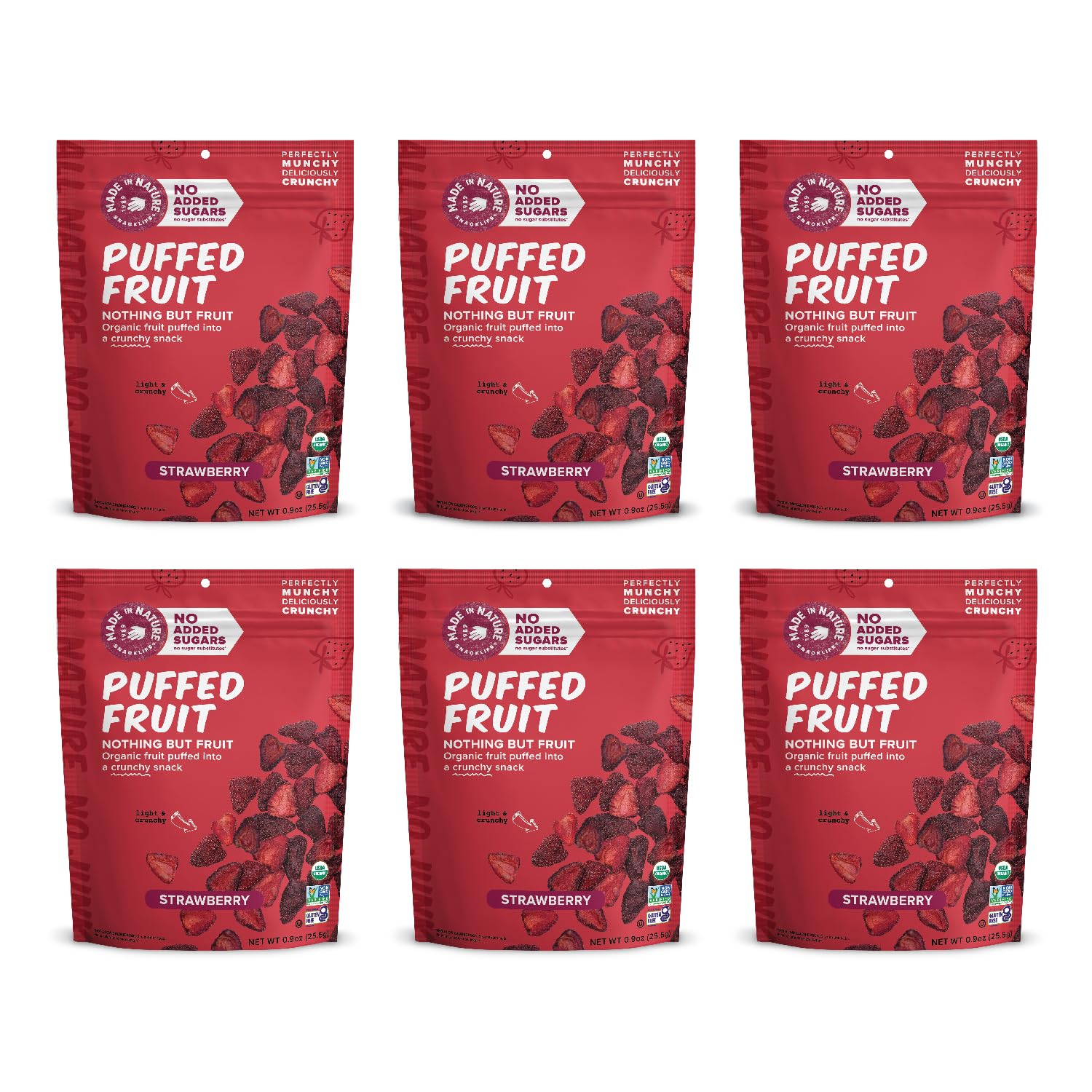 Made In Nature Organic Puffed Fruit, Strawberry, Vegan Snack, Non-GMO, Gluten Free, 0.9 Ounce Bag, Pack of 6
