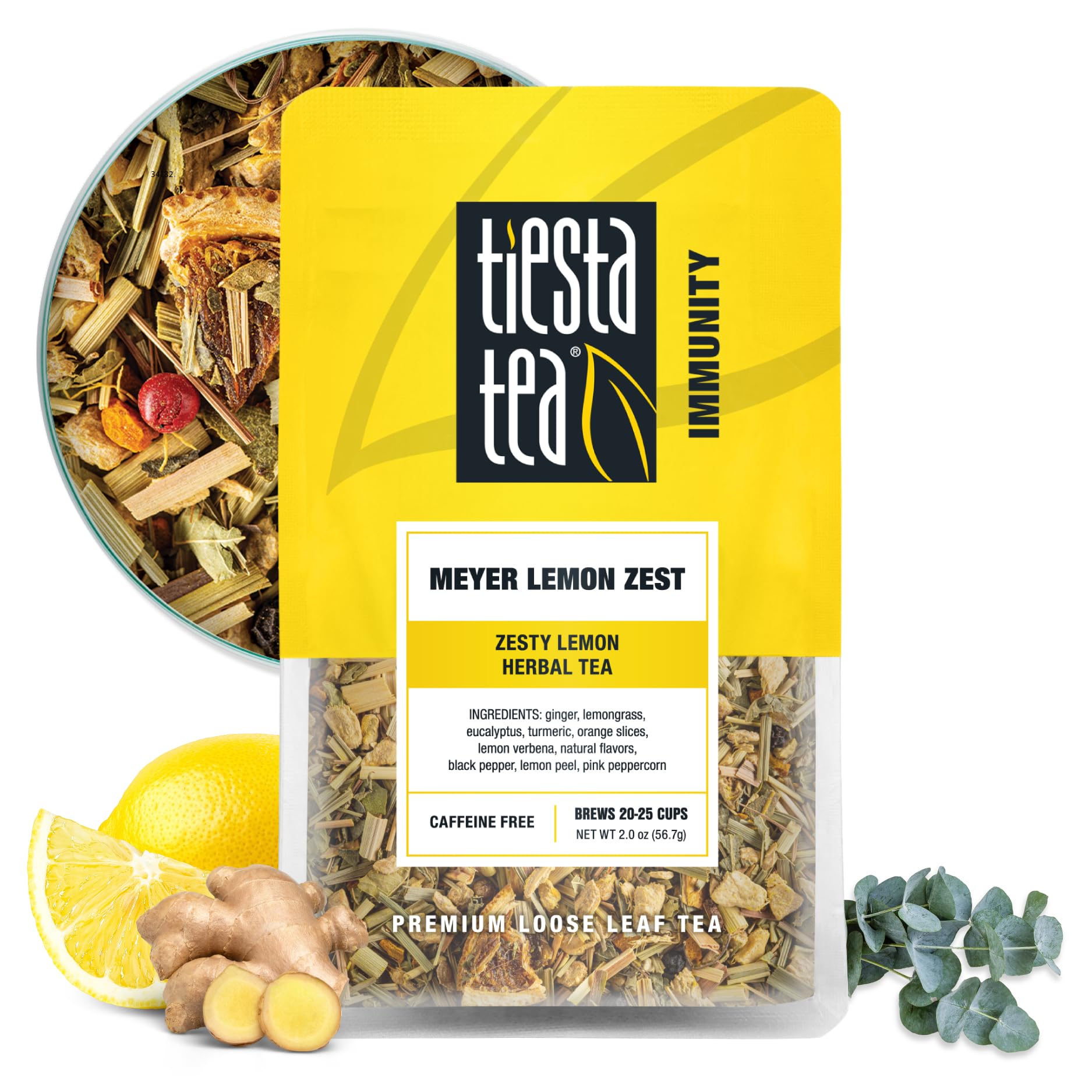Tiesta Tea Meyer Lemon Zest Loose Leaf Herbal Tea - Caffeine-Free, Makes Hot or Iced, 2oz Resealable Pouch, Up to 25 Cups