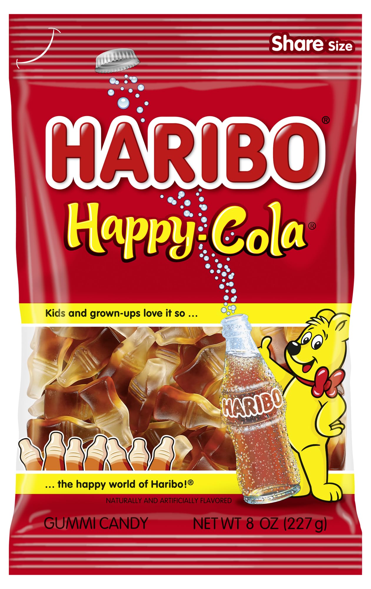 HARIBO Gummi Candy, Happy-Cola Gummy Candy Soda Bottles, 8 Ounce Value Bag, Delicious Soft & Chewy Sweet Snacks, Classic Cola Fl