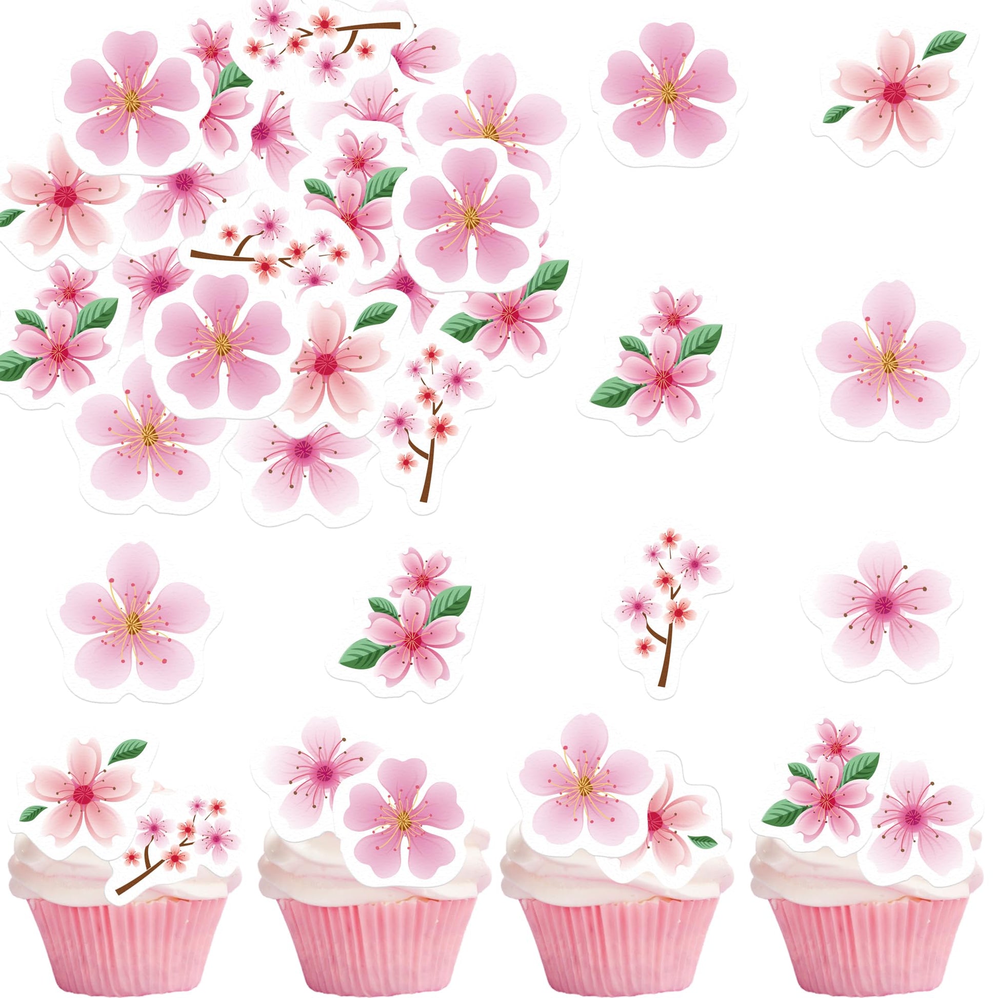 Fyeoxle 48Pcs Edible Cherry Blossoms Cupcake Toppers Pink Edible Cherry Flowers Cake Decorations Wafer Paper Flowers Cupcake Topper For Flowers Theme Baby Shower Birthday Party Decor Supplies
