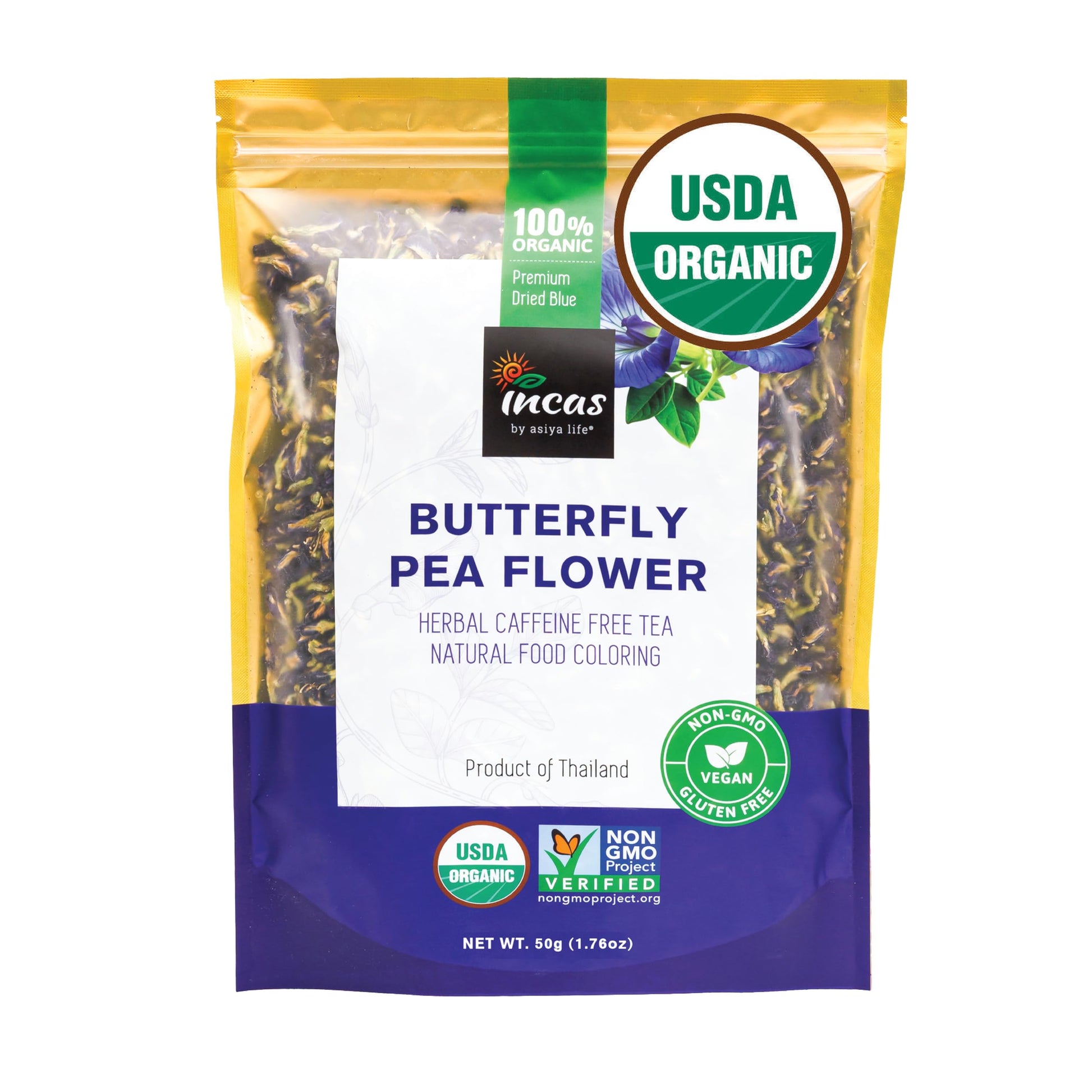 INCAS 100% USDA Organic Butterfly Pea Flower 1.76 oz (150+ Cups) DIRECT FROM SOURCE Thailand Non GMO Verified Dried Caffeine Free Gluten Free Vegan Rich in Antioxidants Free eBook (50G)