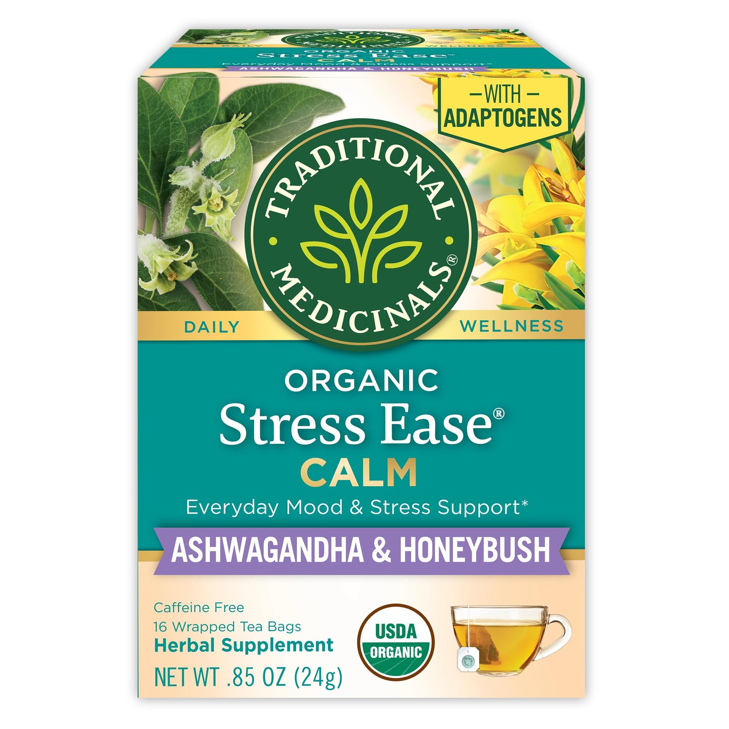 Traditional Medicinals Organic  Stress Ease Calm with Adaptogens  Ashwagandha & Honeybush - Promotes Relaxation - Kosher  Non-GMO  Caffeine-Free  Compostable - 16 Tea Bags