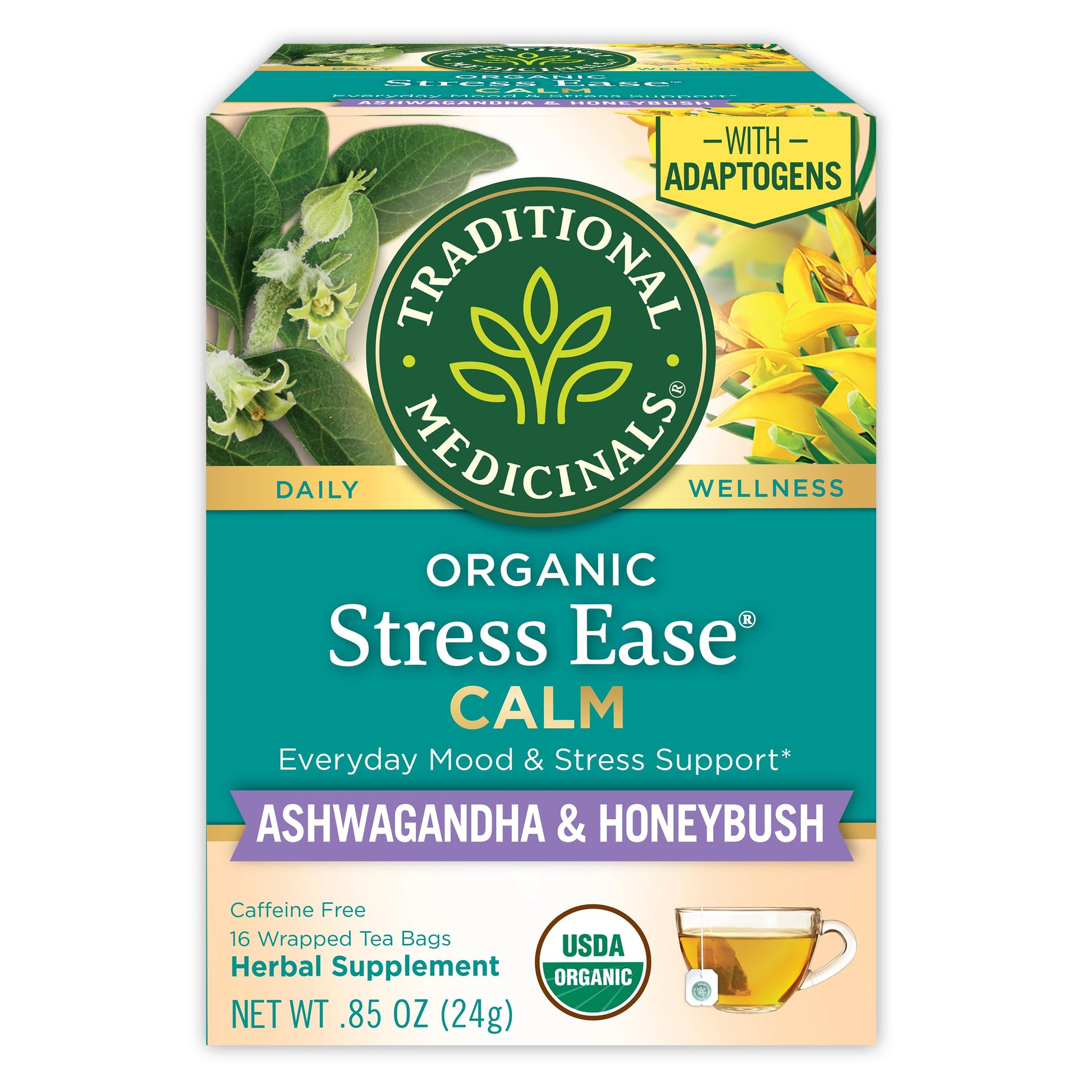 Traditional Medicinals Organic  Stress Ease Calm with Adaptogens  Ashwagandha & Honeybush - Promotes Relaxation - Kosher  Non-GMO  Caffeine-Free  Compostable - 16 Tea Bags