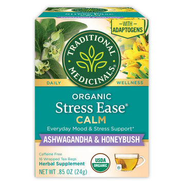 Traditional Medicinals Organic  Stress Ease Calm with Adaptogens  Ashwagandha & Honeybush - Promotes Relaxation - Kosher  Non-GMO  Caffeine-Free  Compostable - 16 Tea Bags