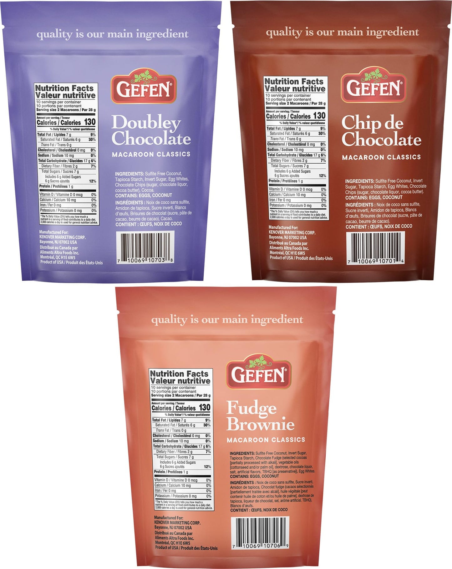 Gefen Gluten Free Macaroons, 10Oz (3 Pack Variety) | Double Chocolate, Chocolate Chip, & Fudge Brownie | Resealable Bag | Dairy