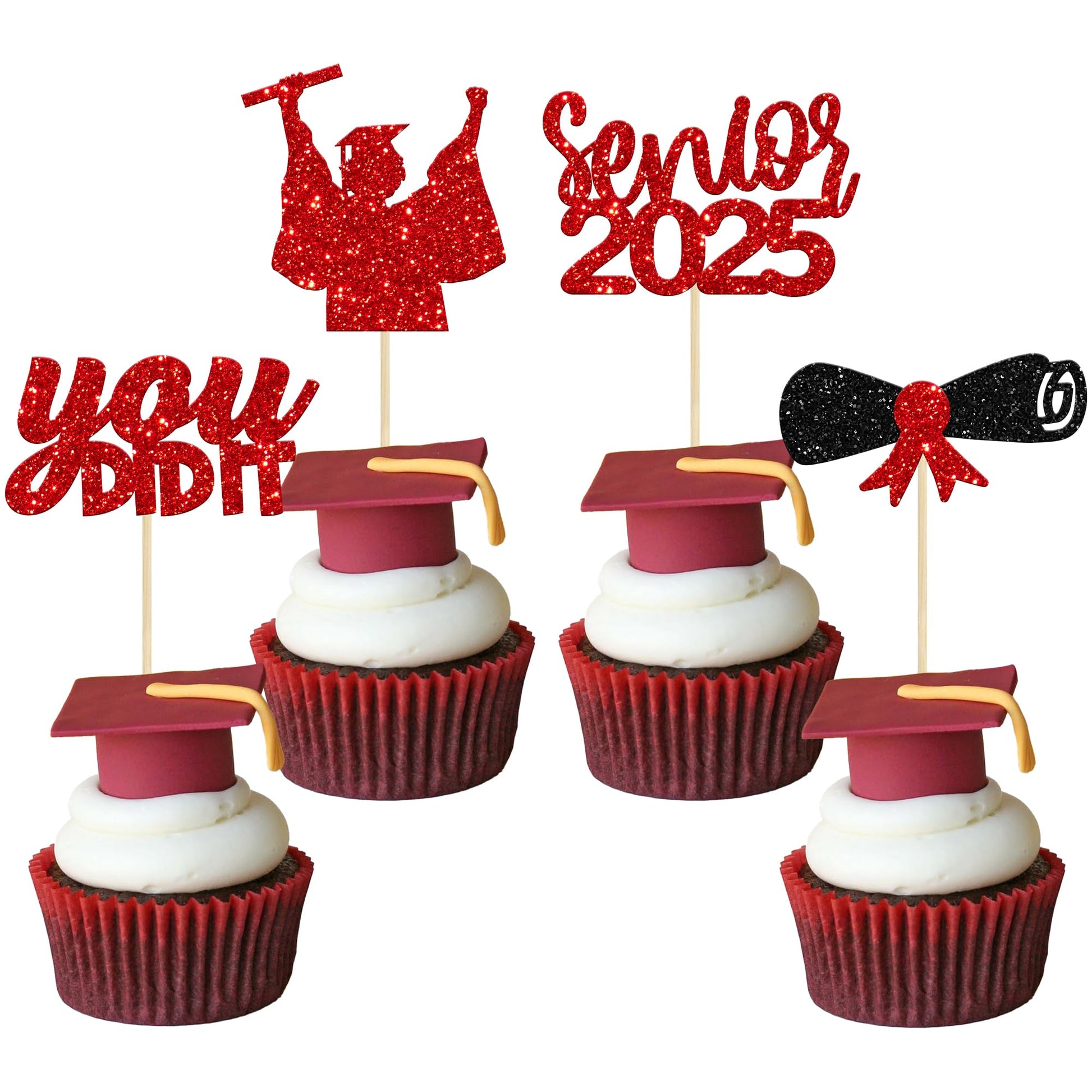 Gyufise 24Pcs Red Glitter Senior of 2025 Graduation Cupcake Toppers You Did It Congrats Grad 2025 Diploma Cap Cupcake Picks Clas