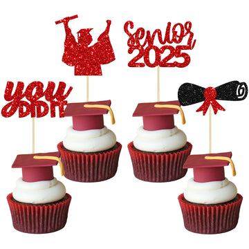 Gyufise 24Pcs Red Glitter Senior of 2025 Graduation Cupcake Toppers You Did It Congrats Grad 2025 Diploma Cap Cupcake Picks Clas