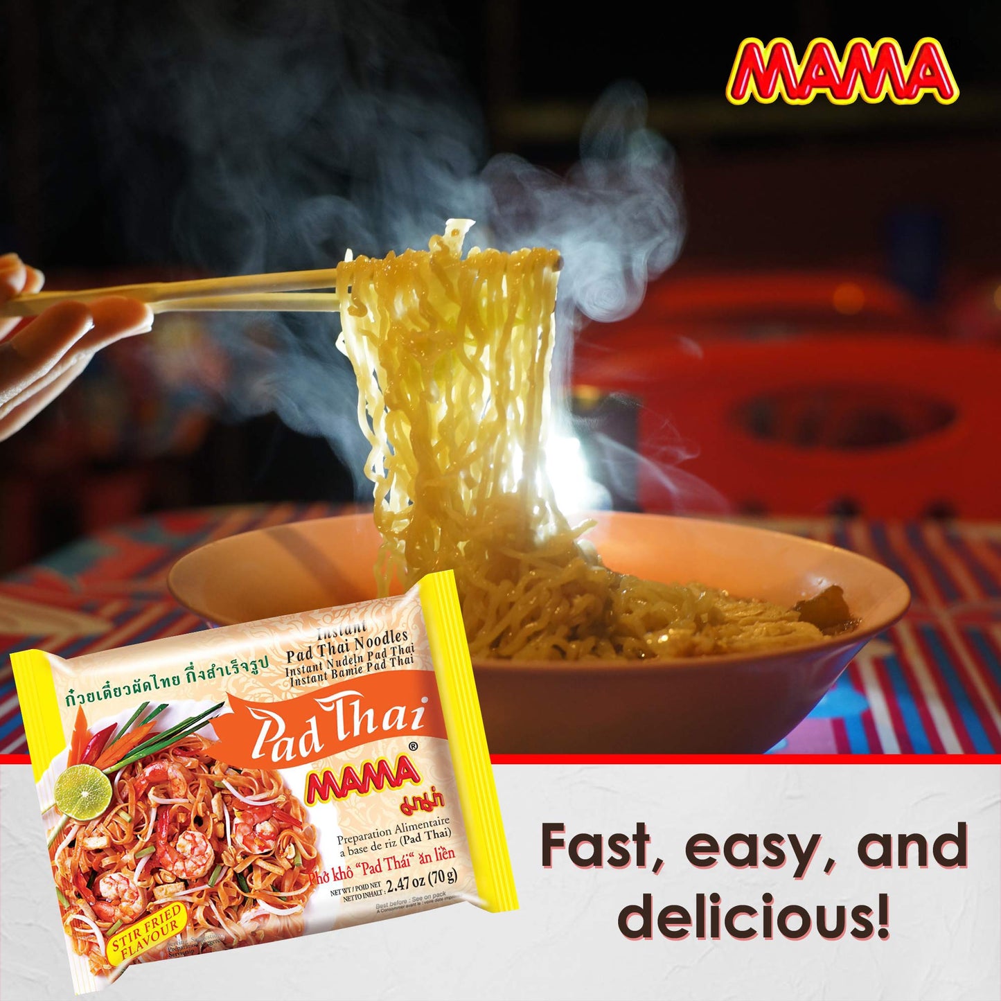 Mama Noodles Pad Thai Instant Spicy Noodles W/Delicious Thai Flavors, Hot & Spicy Noodles W/Pad Thai Soup Base, No Trans Fat W/F