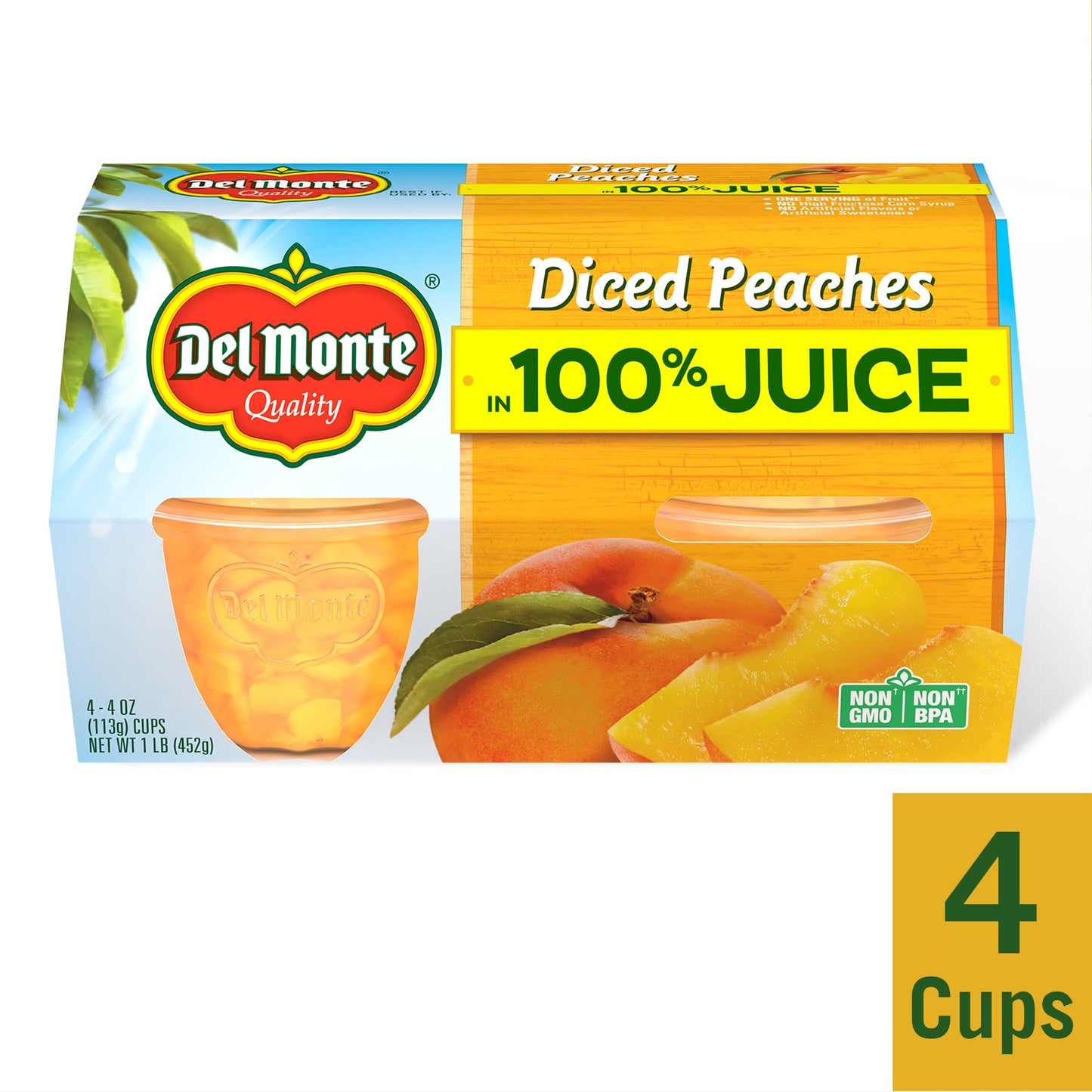 Del Monte Diced Peaches in 100% Juice, 4oz (4 Cups) Fruit Cup Snacks