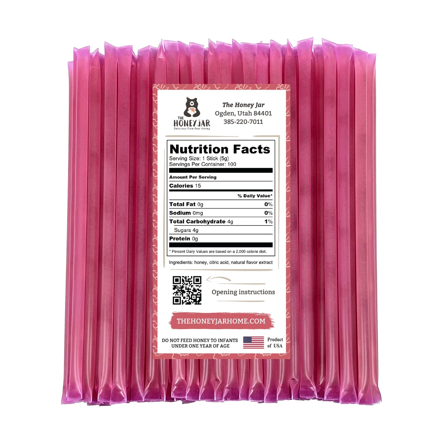 The Honey Jar Raspberry Flavored Honey Sticks - Pure Honey Straws For Tea, Coffee, Or A Healthy Treat - One Teaspoon Of Flavored