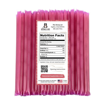 The Honey Jar Raspberry Flavored Honey Sticks - Pure Honey Straws For Tea, Coffee, Or A Healthy Treat - One Teaspoon Of Flavored