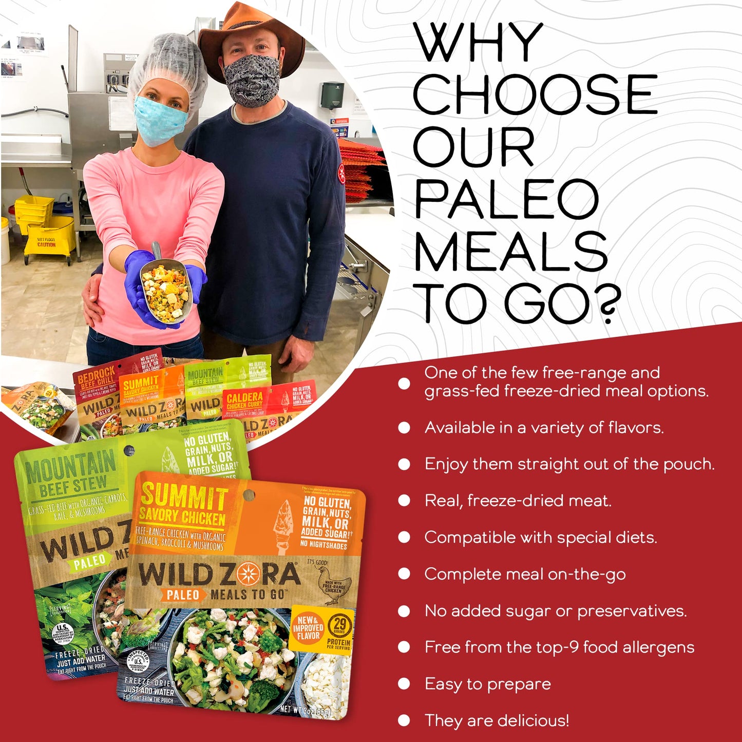 Wild Zora Paleo Freeze Dried Meals For Backpacking & Camping - Healthy Gluten Free & Grain Free Camping Meals/Backpacking Food + No Added Sugar - Great For Travel (Aip 4-Pack)