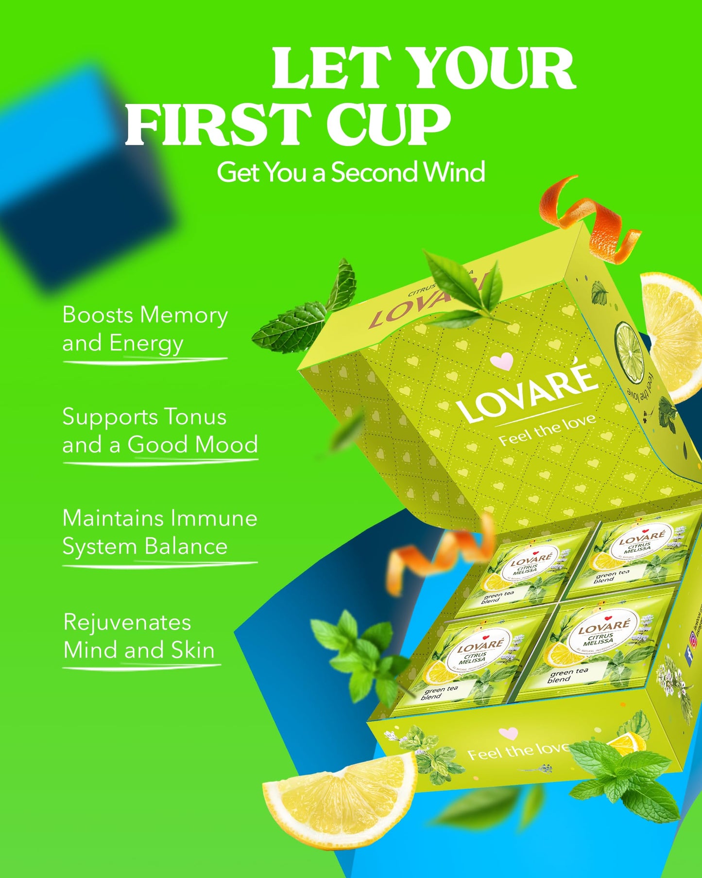 LOVARE Citrus Melissa Tea Bags - Green Tea, Mint, Lemongrass, Orange Peel - 32 Individually Wrapped Bags (1.5 g Each)
