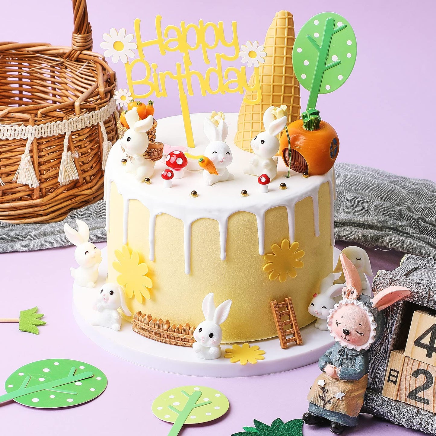 24 Pcs Bunny Cake Topper Set Rabbit Cake Decorations Rabbit Figurines Carrot Cake Decorations Rabbit Cake Topper Happy Bunny Bir