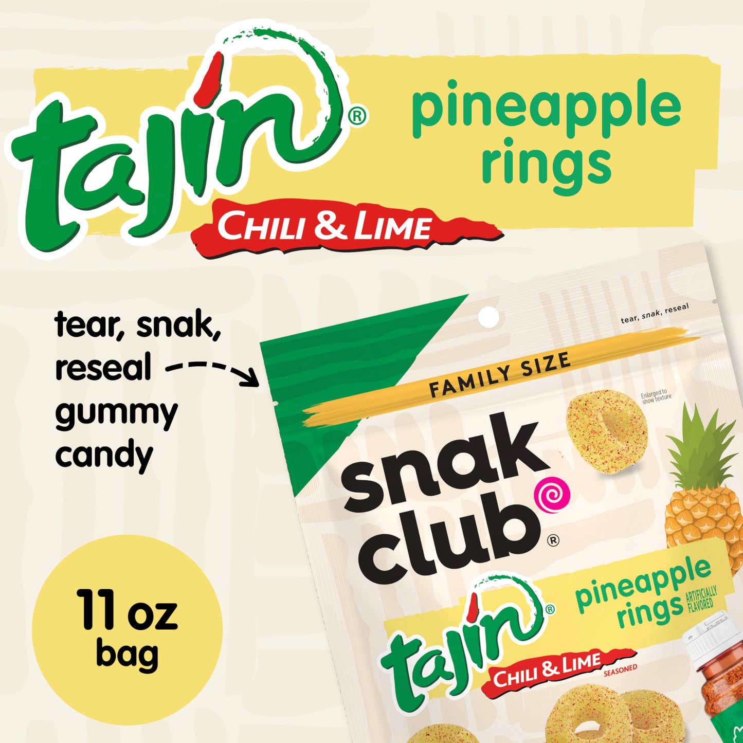 Snak Club Tajin Pineapple Rings Gummy Candy, Fruit Candy Gummies with Chili and Lime Seasoning, Mild, Gluten-Free and Vegan Snac