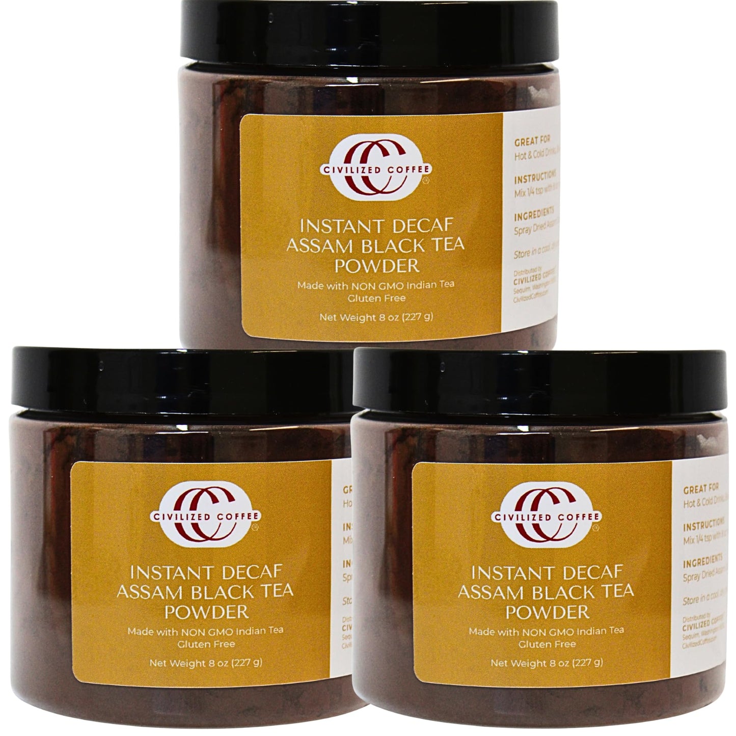CIVILIZED COFFEE Decaf Instant Assam Black Tea Powder, 8 oz Jars, Pack of 3