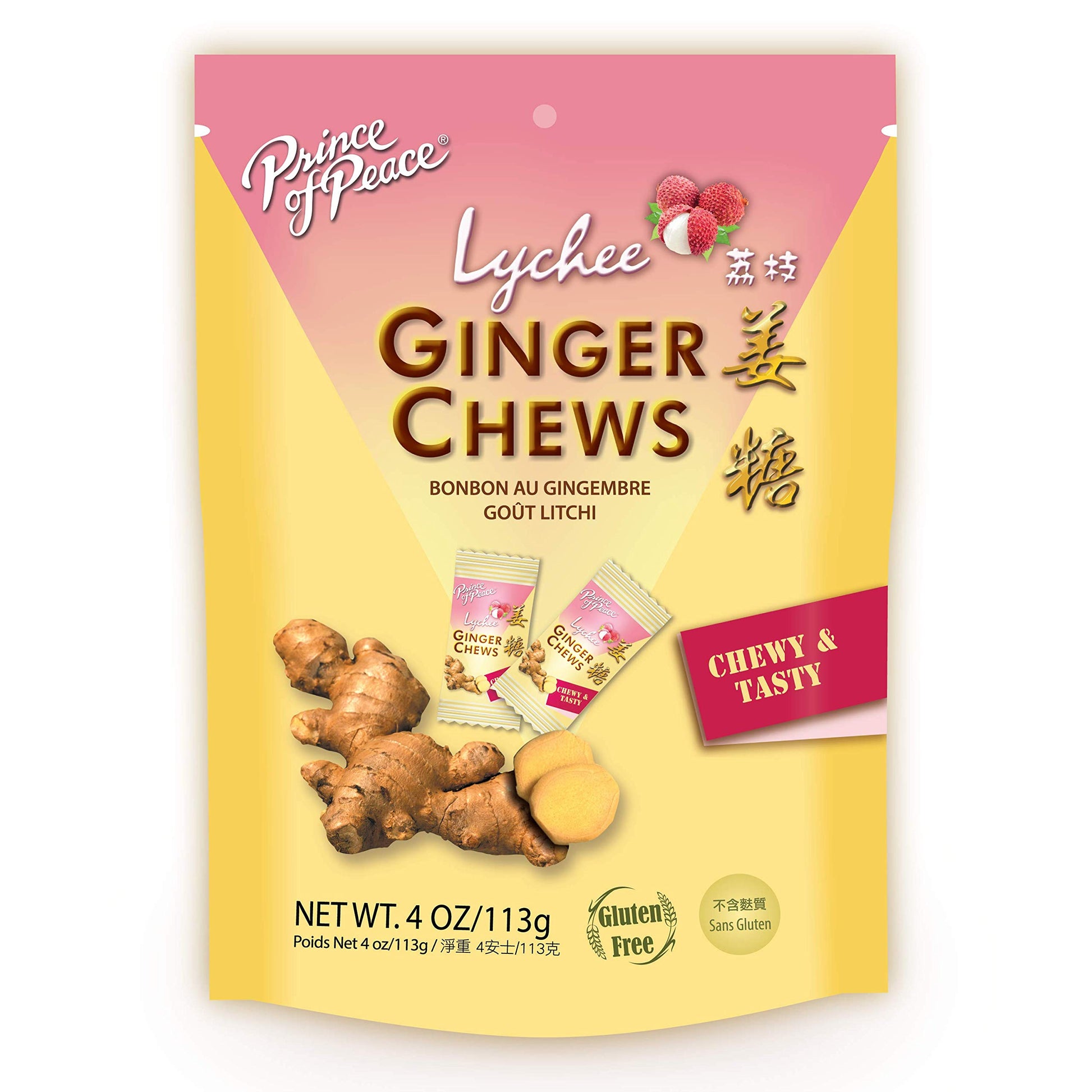 Prince Of Peace Ginger Chews With Lychee, 4 Oz. – Candied Ginger – Lychee Flavored Candy – Lychee Ginger Chews