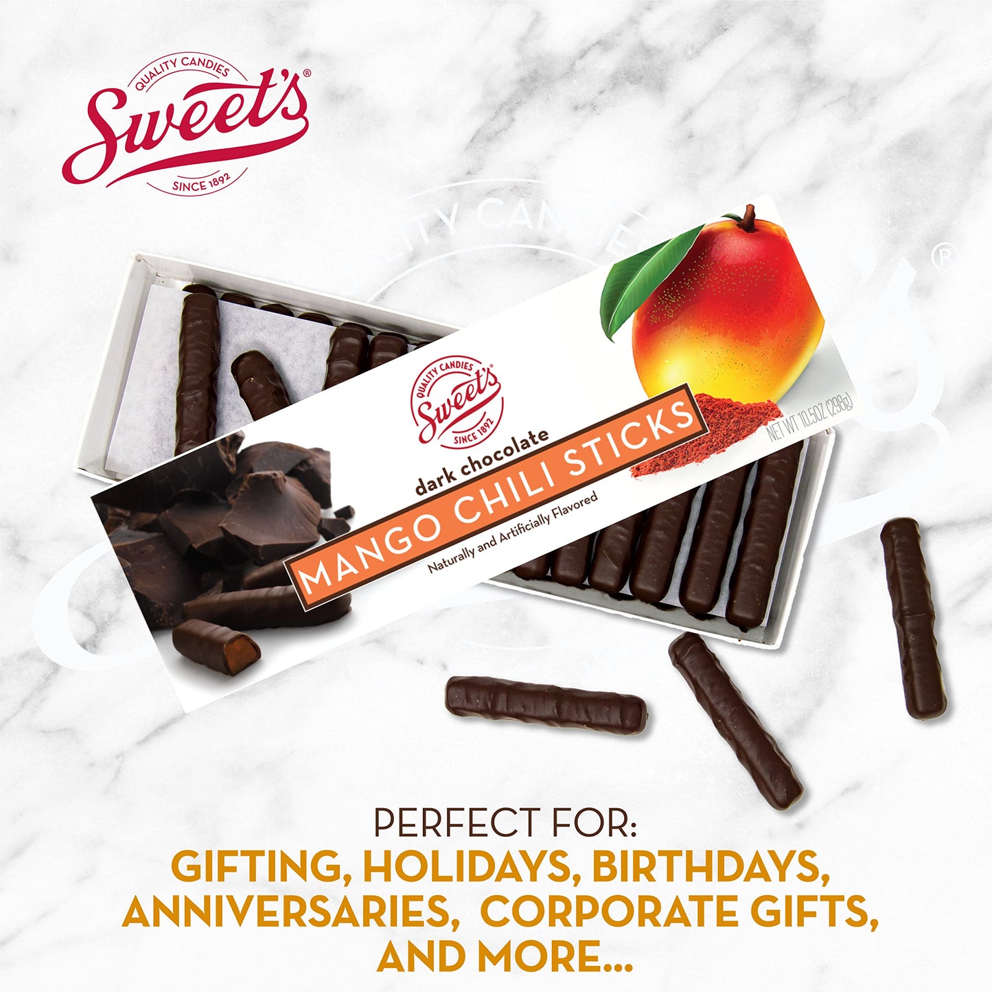 Sweet Candy Company Dark Chocolate Mango Chili Sticks - Gourmet Chocolate Covered Sticks, Chocolate Fruit Flavored Sticks, Gift