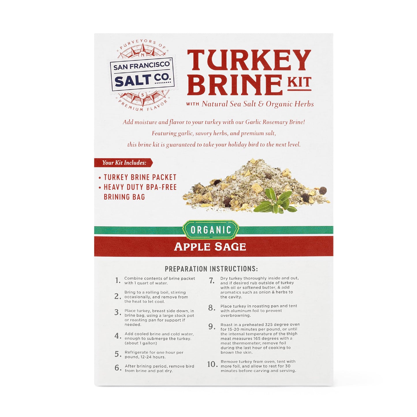 San Francisco Salt Company Organic Turkey Brine Kit - Apple Sage, 13 oz, BPA-Free Brine Bag for Whole, Smoked, Oven-Roasted or Fried Turkey