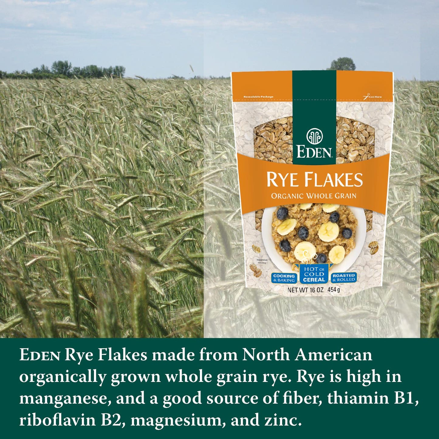 Eden Organic Rye Flakes, 16 oz, Toasted and Rolled, 100% Whole Grain, Cereal, Hot or Cold