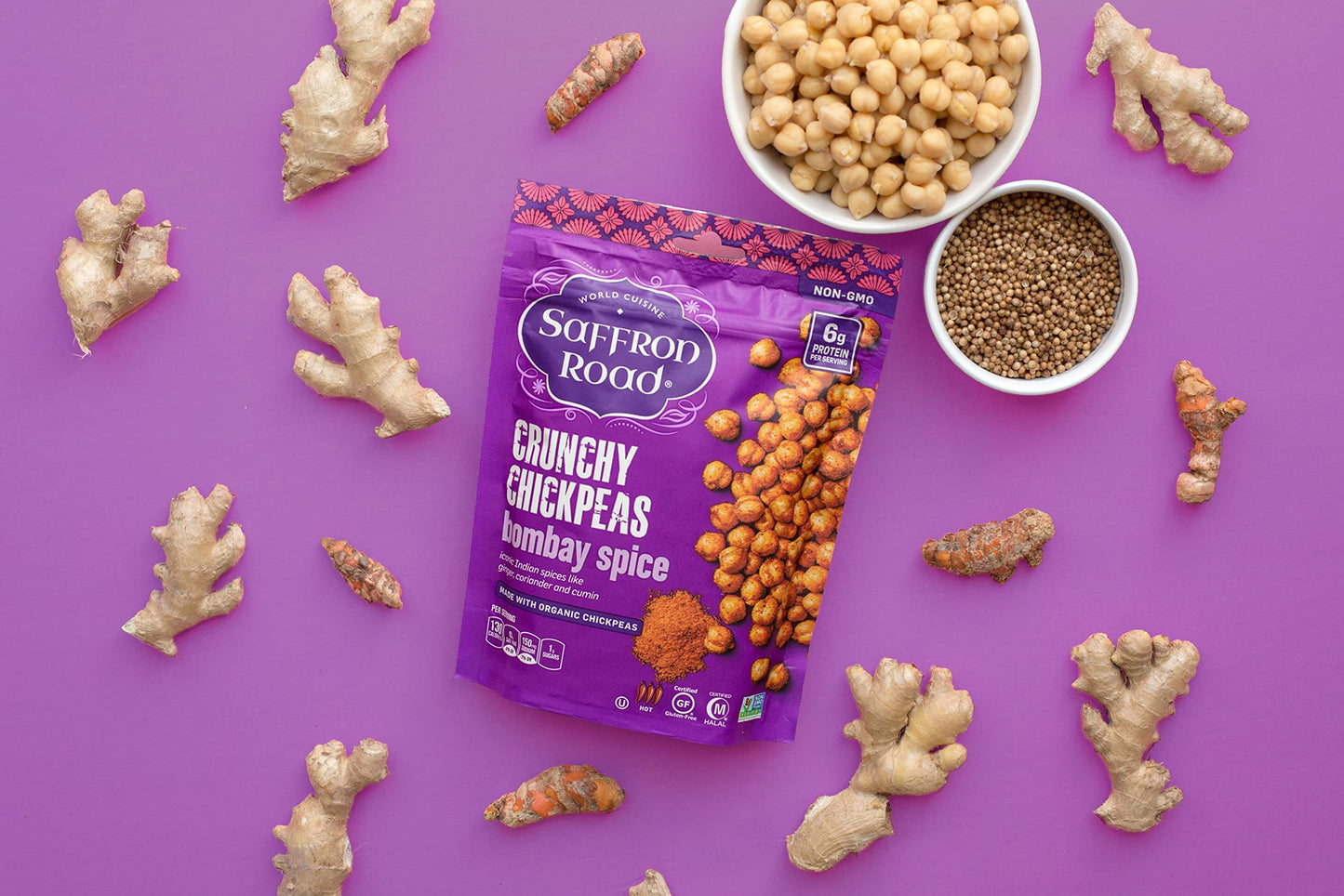 Saffron Road Organic Bombay Spice Crunchy Roasted Chickpea Snacks- 5.4Oz 6-Pack, Gluten Free, Non-Gmo, Vegan Dried Crispy Chickp