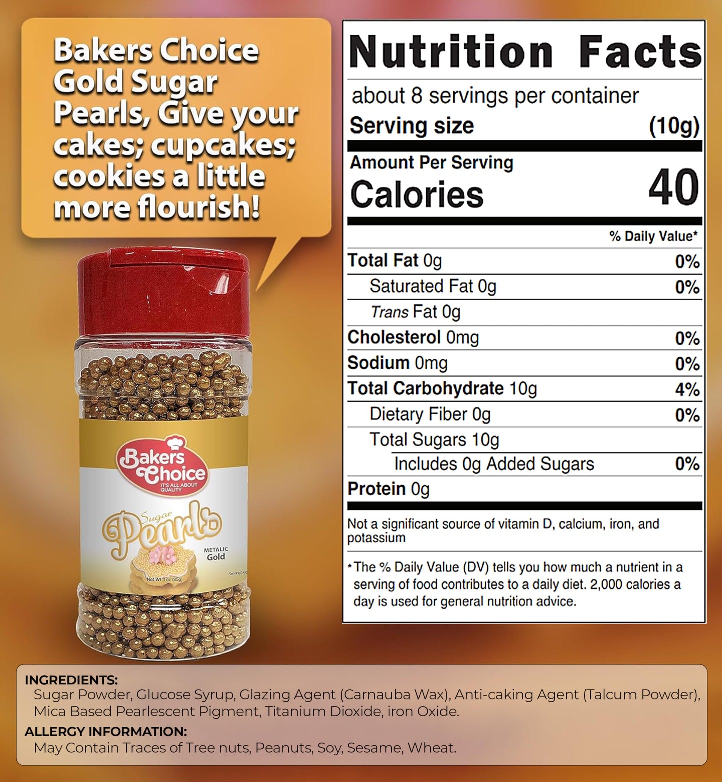 Bakers Choice Edible Pearls - Pearl Sprinkles - Metallic Gold Sugar Pearls - Dairy Free - Kosher - 3 Oz.