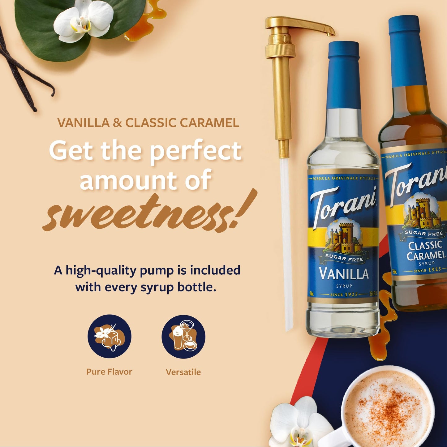 Torani Sugar Free Vanilla Syrup And Sugar Free Classic Caramel Syrup Variety 2-Pack, Coffee Syrups For Drinks, Pumps Included, 2