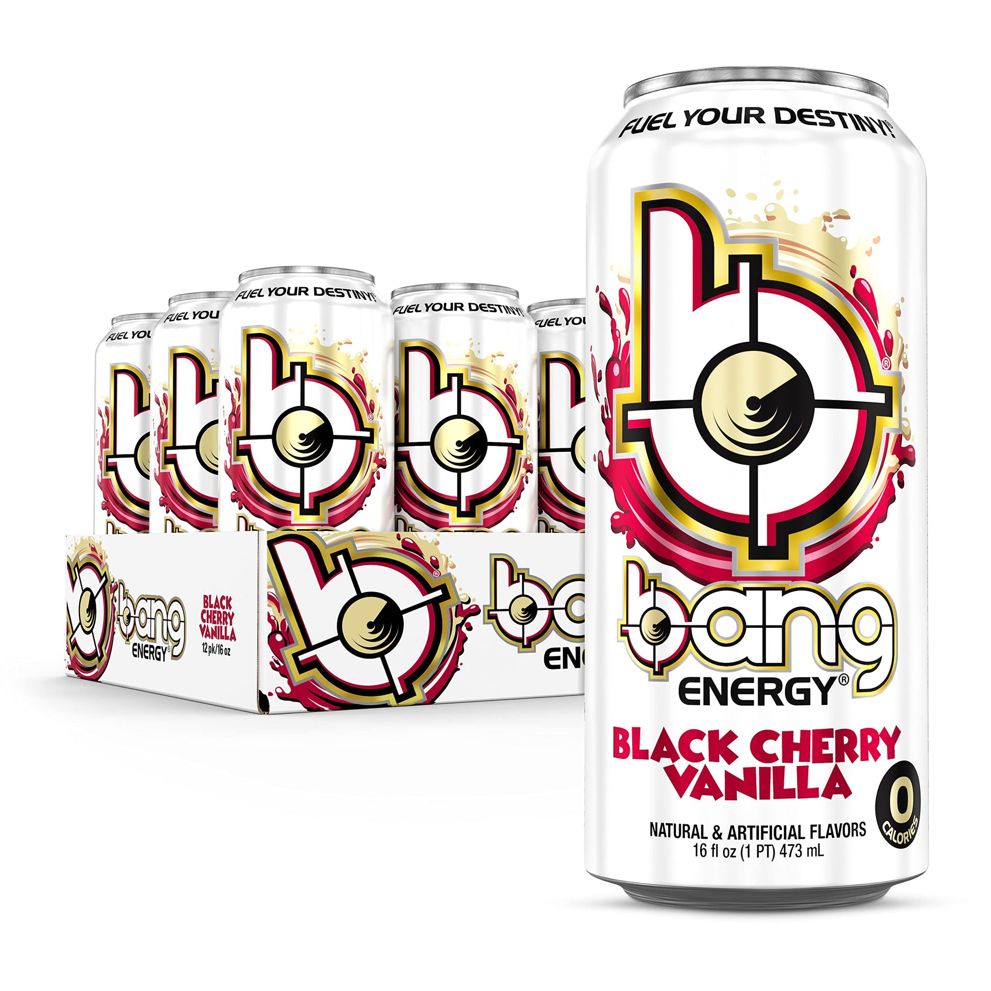 BANG Energy Drink, Sugar-Free, Black Cherry Vanilla, 16 Ounce (Pack of 12), Red, Model 366953