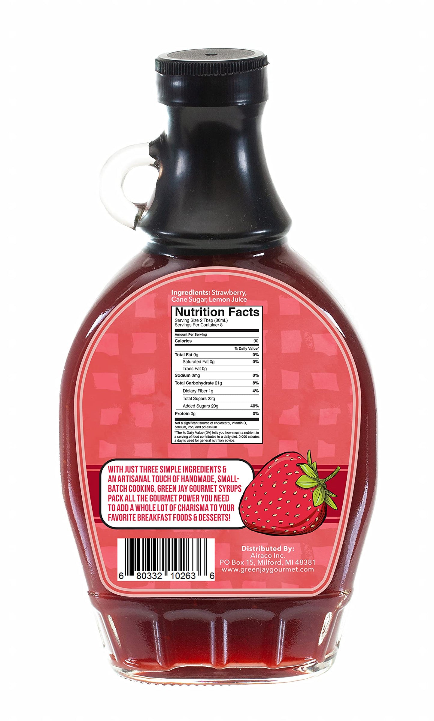 Green Jay Gourmet Strawberry Syrup - 3 Ingredient Premium Breakfast Syrup W/ Fresh Strawberries, Cane Sugar & Lemon Juice - All-