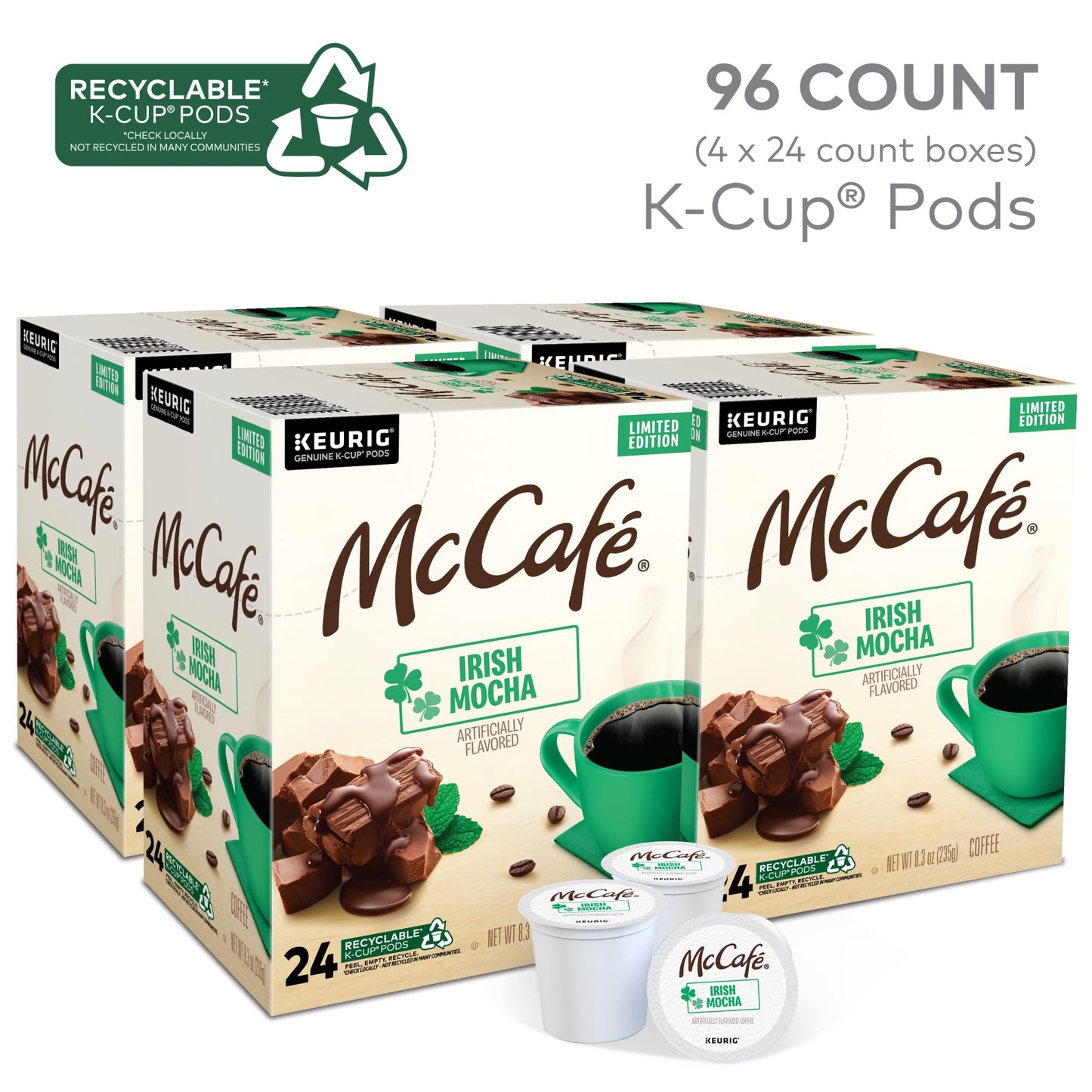 McCafe Irish Mocha Flavored Coffee K-Cup Pods, 96 Count, 6 Count (Pack of 4), White
