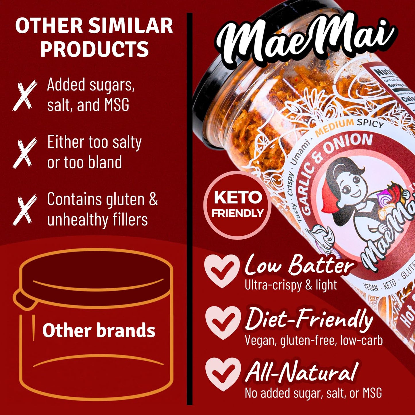 MaeMai Chili Crisp (MEDIUM HOT Spice) - Non-Oily Chili Crisp Topper  Rice Seasoning  Ramen Topper  Furikake  Umami Onion & Garlic Flakes | 4.41oz (125g) Resealable Bottle
