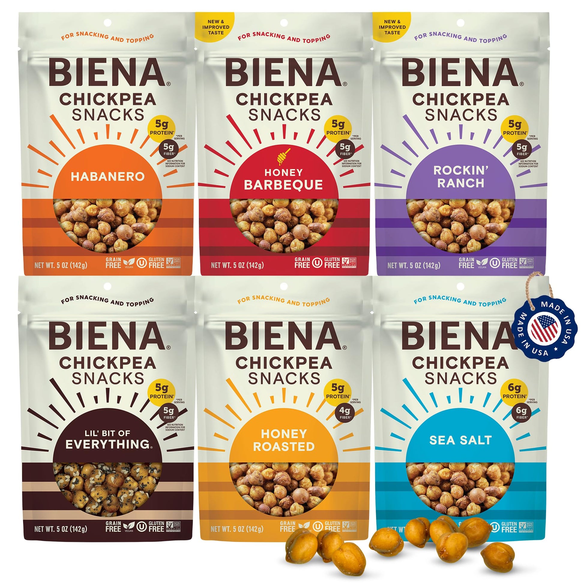 BIENA Chickpea Snacks - Crunchy Roasted Chickpeas - High Fiber Vegan Protein Snack for Adults & Kids - 6-Pack, 5 oz Bags - BBQ, 